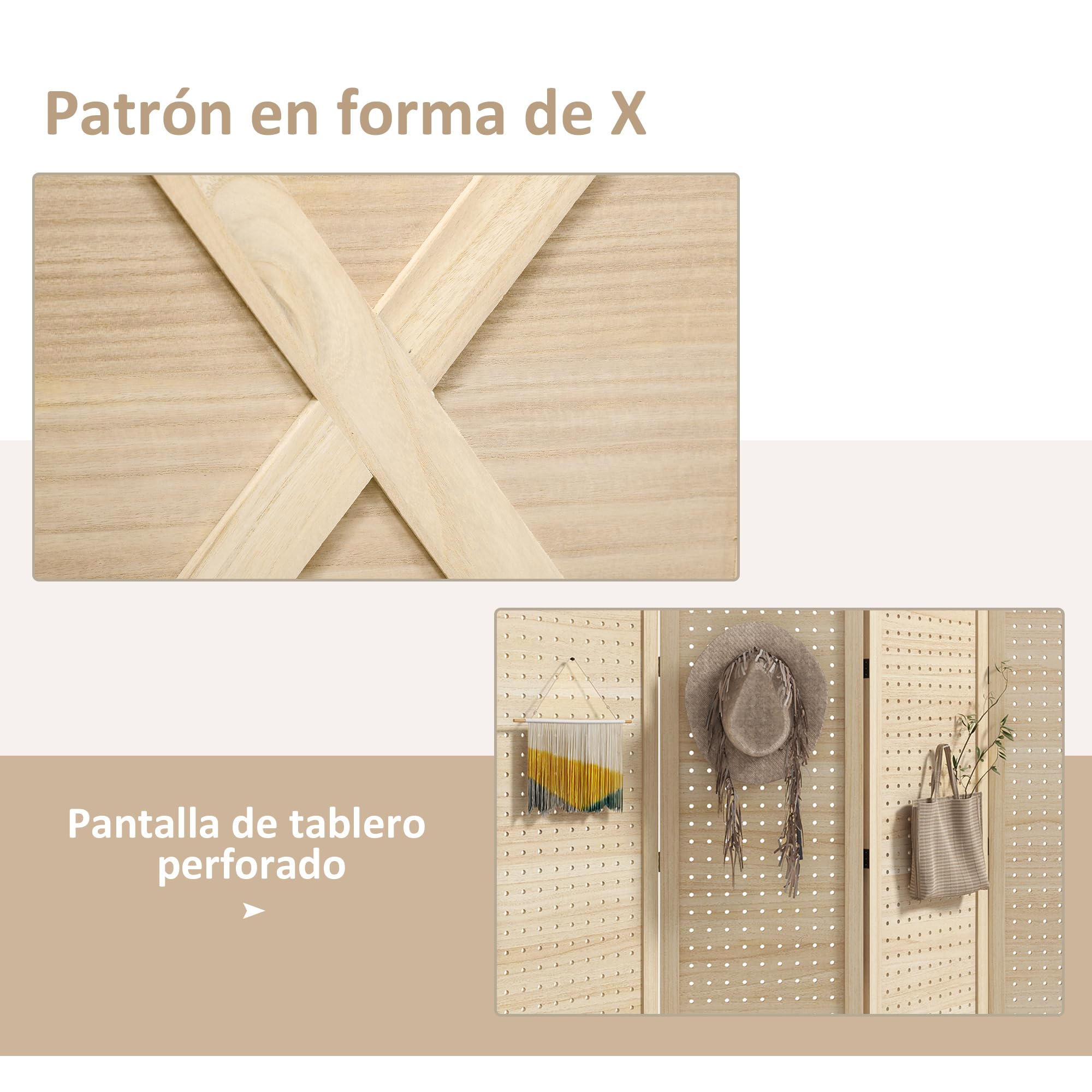 HOMCOM Biombo de 4 Paneles Plegable de Madera 152x1,7x144,5 cm Natural | Separador de Ambientes, Divisor de Habitación de Madera, Pantalla de Privacidad Agujeros para Colgar, Oficina, Dormitorio