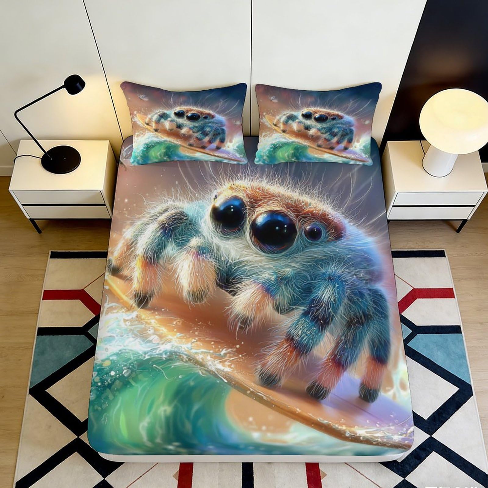 3D Printed Colorful Spider 3D Fitted Sheet Microfiber Soft Durable Vibrant Surfer Wave Bed Cover for Bedroom Dormitory Guest Room Mattress Protection 140x200x25cm