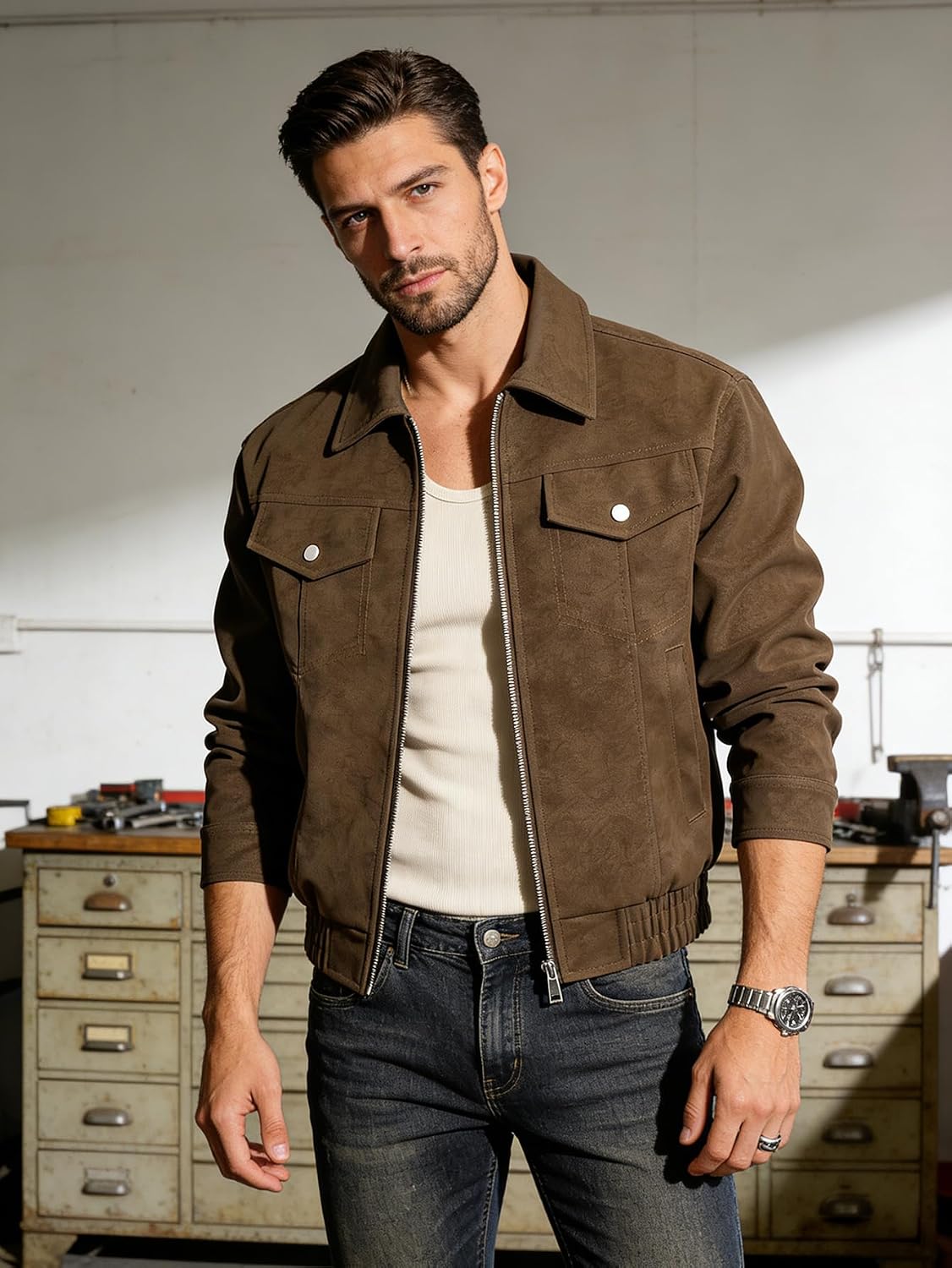 Men's Faux Leather Aviator Bomber Jacket Vintage Coat Lightweight