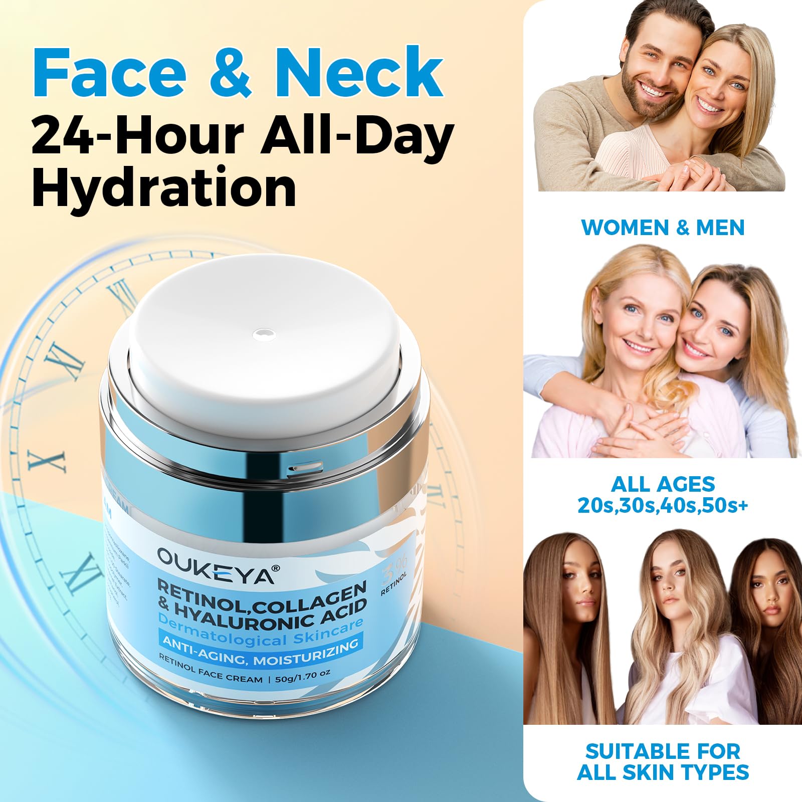 OUKEYA Crema Notte Viso Antirughe - 3% Retinolo + 5% Niacinamide & Acido Ialuronico - Trattamento Intensivo per Rughe Profonde, Macchie Scure e Pelle Disidratata - Effetto Lifting & Idratazione, 50ml