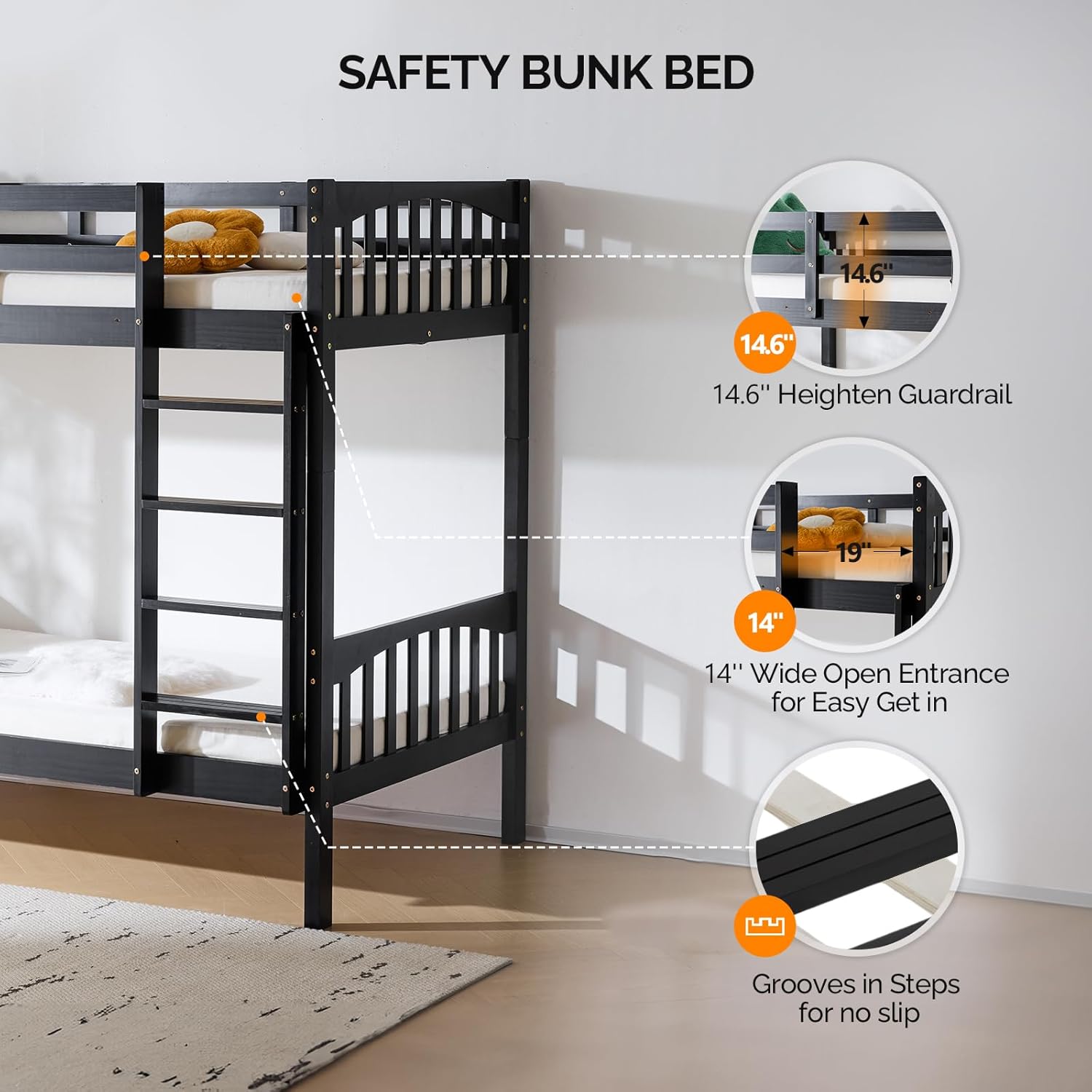 Bunk bed safety features including guardrail height and ladder entrance width