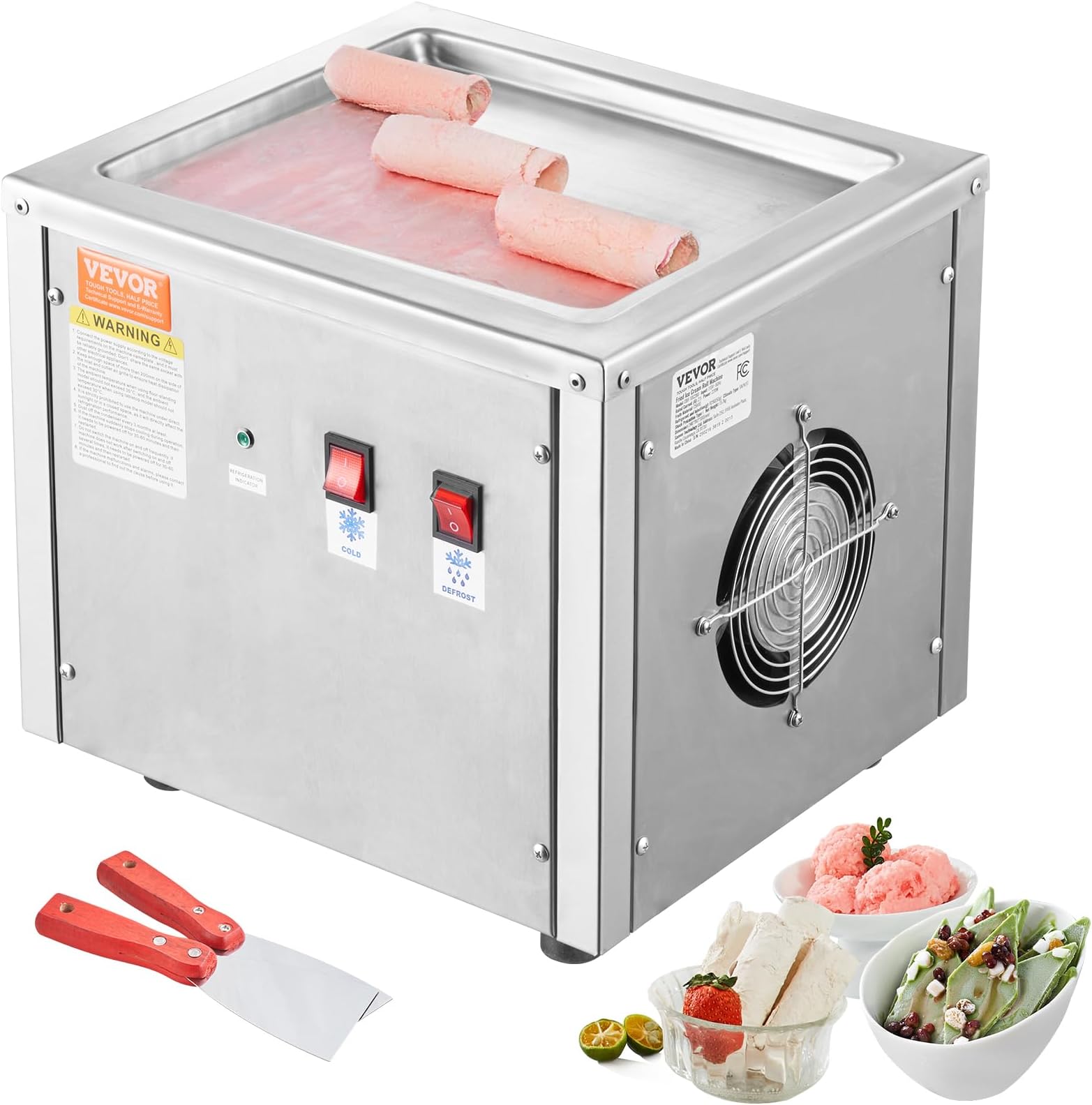 VEVOR Fried Ice Cream Roll Machine, Ice Cream Pan 28 x 24 cm, Stainless Steel Rolled Ice Cream Machine with Compressor and 2 Scrapers, for Making Ice Cream, Frozen Yogurt, Ice Cream Rolls
