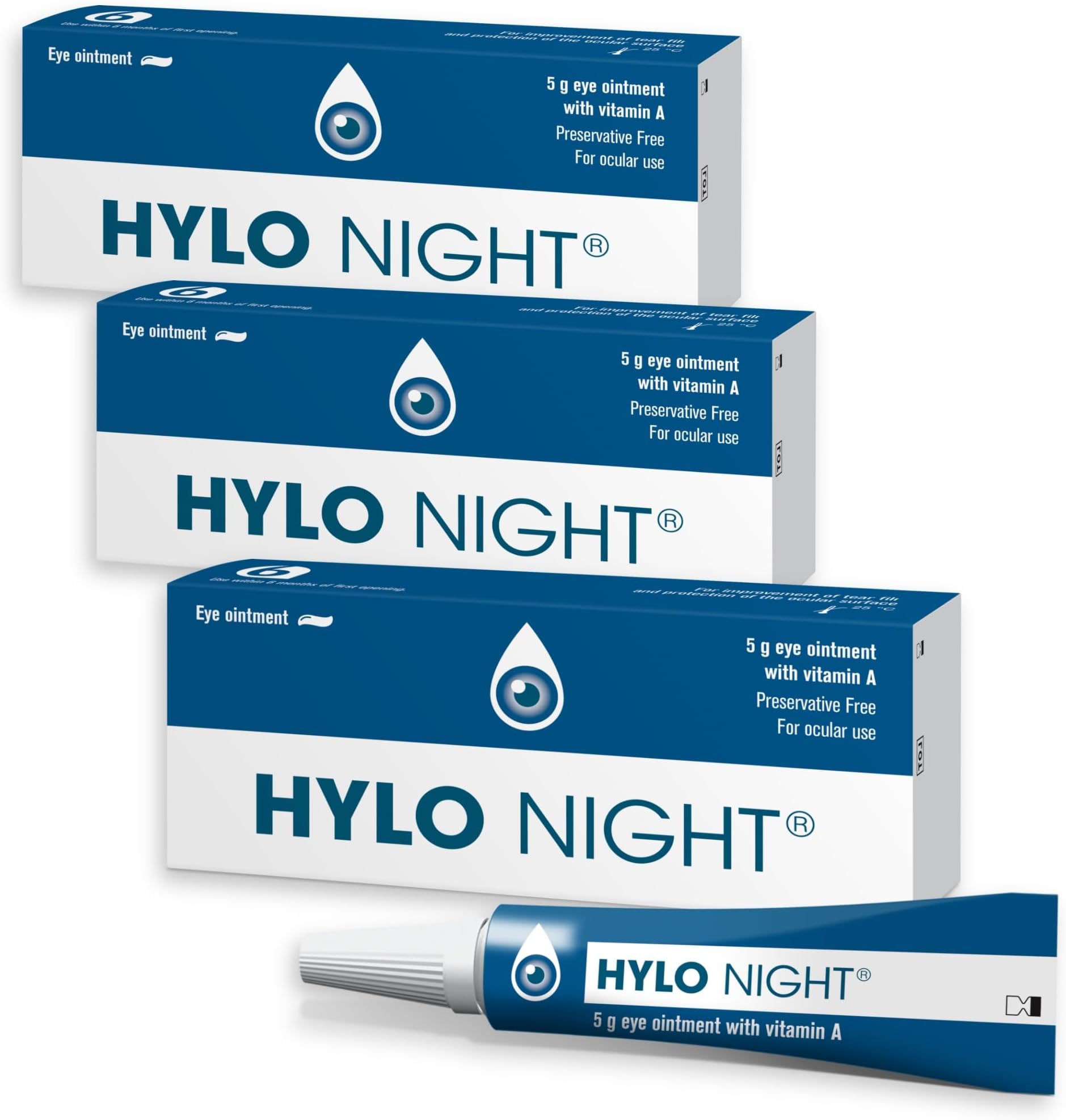 HYLO Night Eye Ointment - 3 Pack - Preservative & Phosphate-Free Eye Cream for Dry Eyes While Sleeping - 3x5g