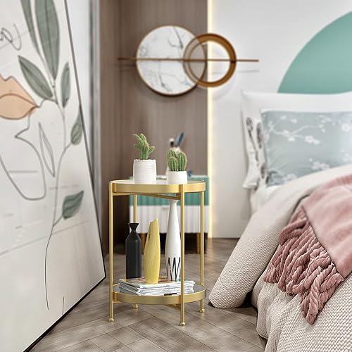 Miniatura 2 de Mesa auxiliar redonda, bandeja de metal dorado de 2 niveles, mesa auxiliar de metal para sofá, sala de estar, mesa de té, espacios pequeños
