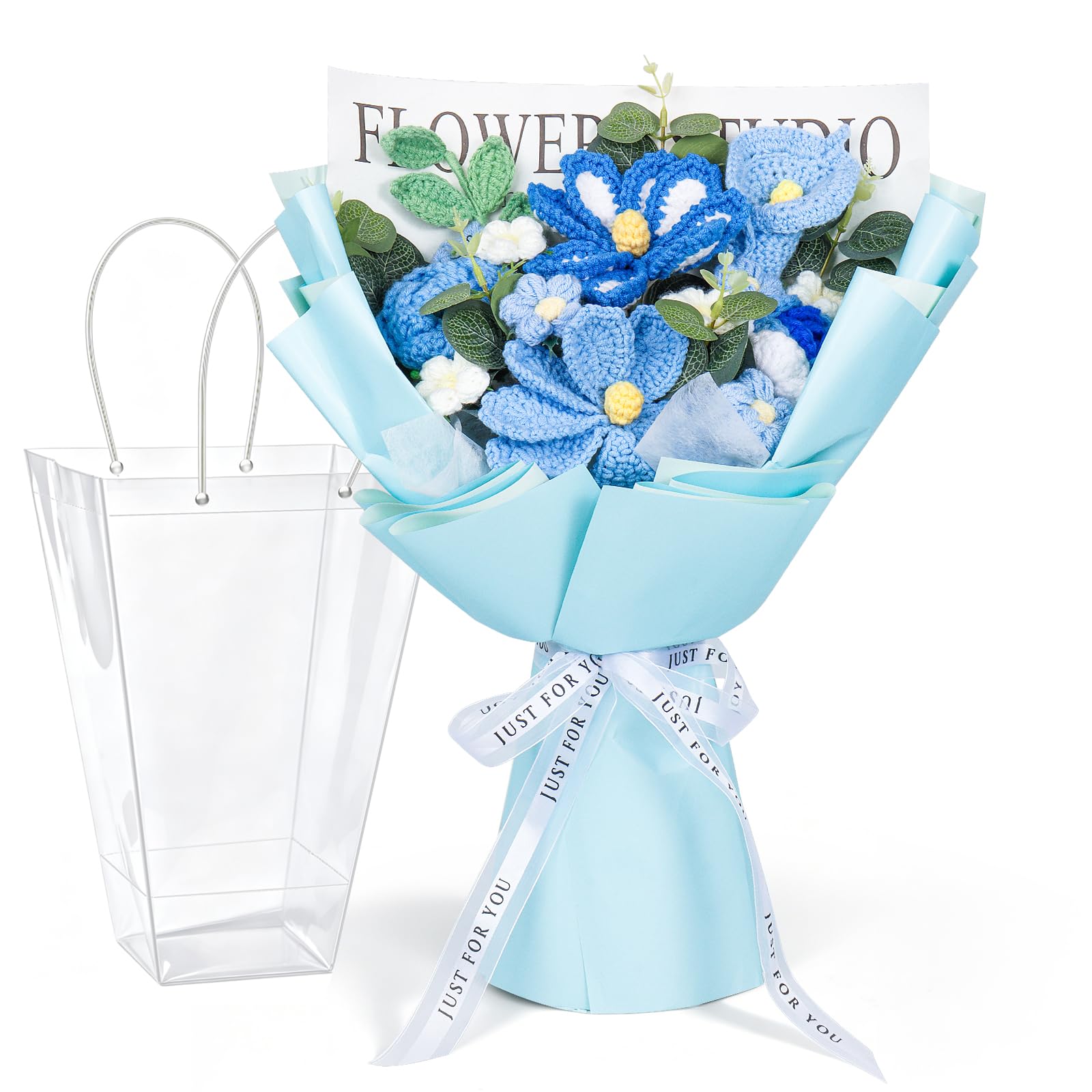 Yixinhe Crochet Flowers Bouquet, Handmade Knitted Flowers Artificial Rose with Gift Bag & Card, Crochet Artificial Flower, for Valentine's Day, Home Decor, Anniversary, Birthdays, Mother's Day (Blue)