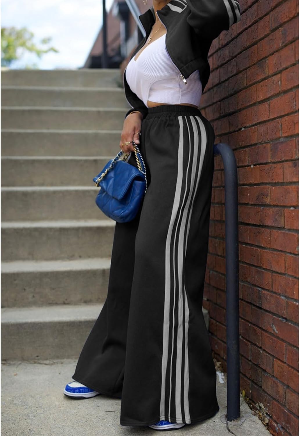 Angsuttc Sweatsuits Women 2 Piece Outfit Striped Tracksuit Long Sleeve Cropped Jacket and Wide Leg Pants Set - Image 5
