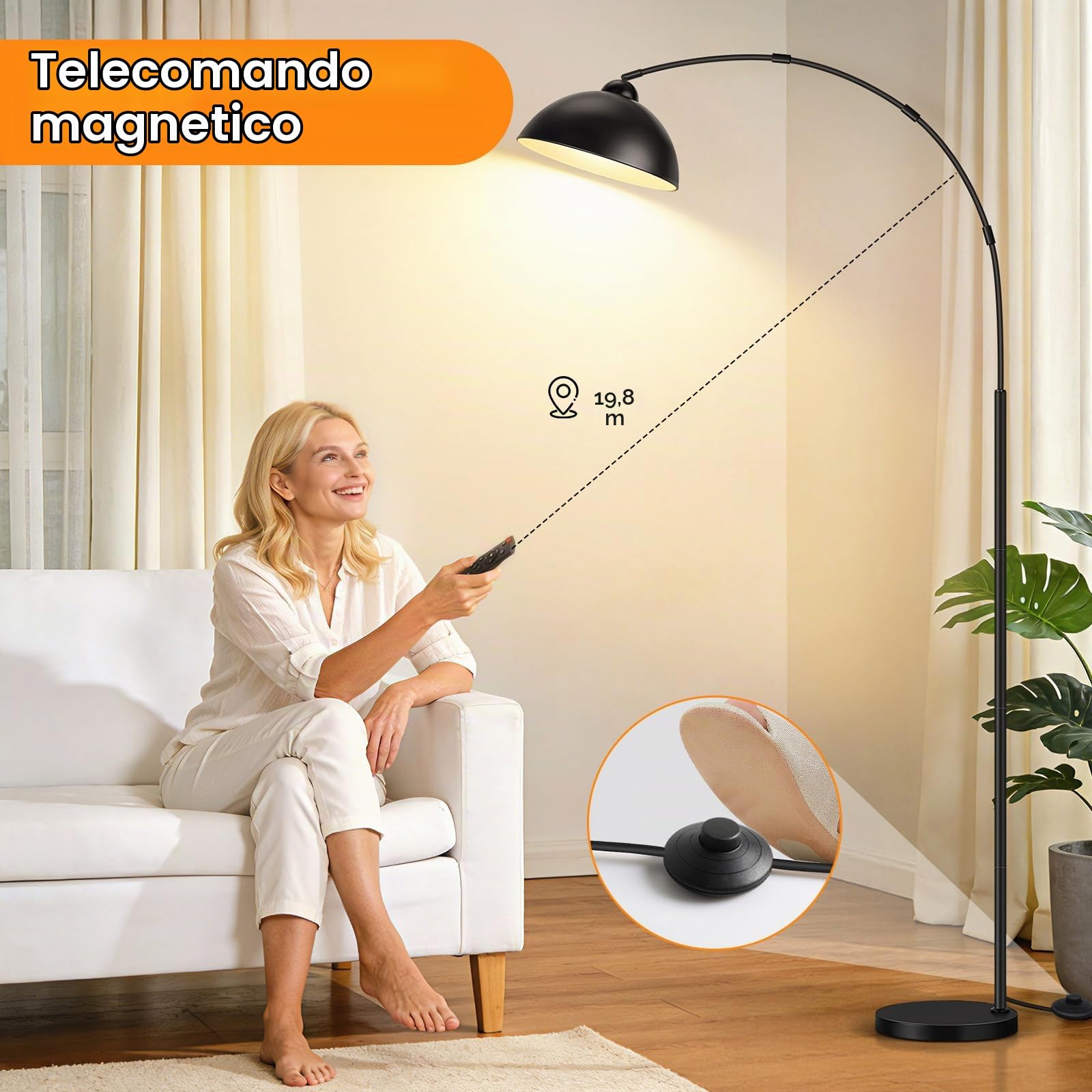 OUTON Lampada ad arco, lampada da terra LED dimmerabile, Nero | 4 temperature di colore, lampada da terra per soggiorno, camera da letto, ufficio