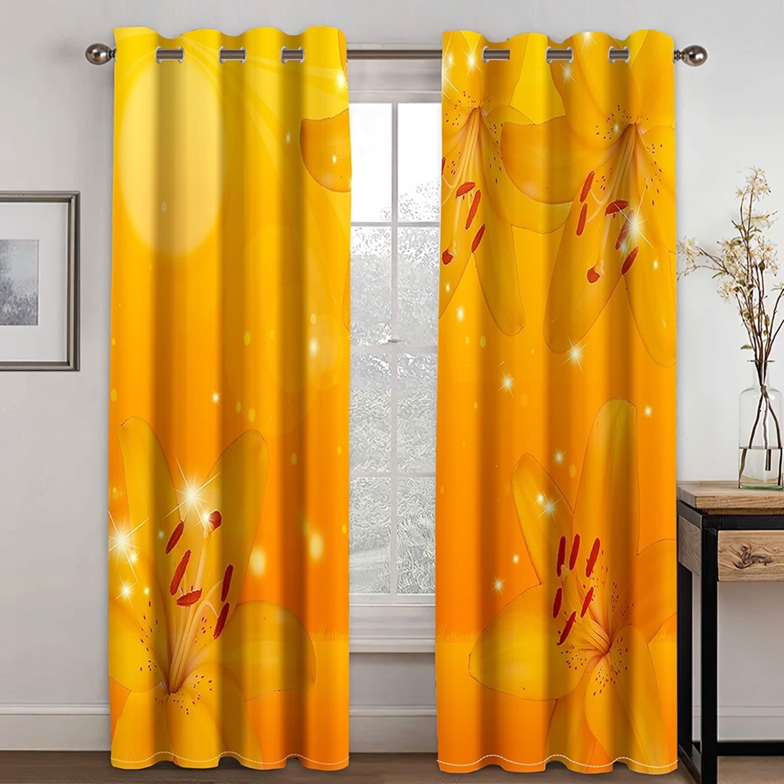 Vorhänge Elegant, Vorhänge Verdunkelung Gelb Orange Polyester Blumen Gardinen 2er Set B 86 x H 138 cm