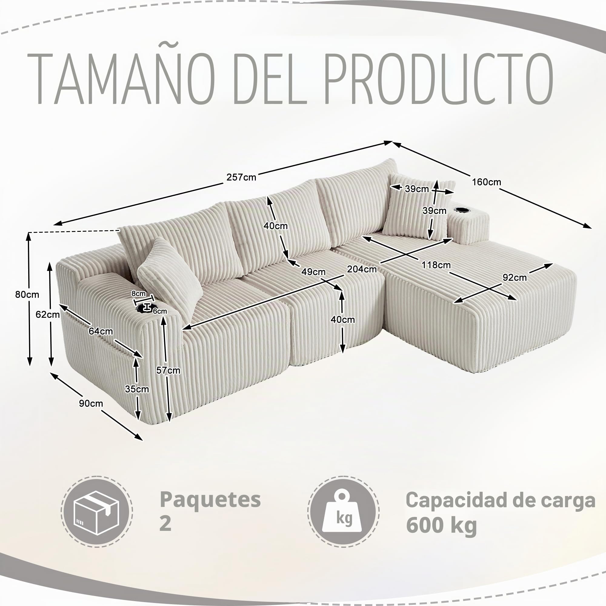Sofá modular con chaise longue y 2 plazas, suave tapizado de terciopelo con 5 cojines, bolsillos laterales, portavasos, espuma de alta densidad, combinación DIY, para salón, apartamento