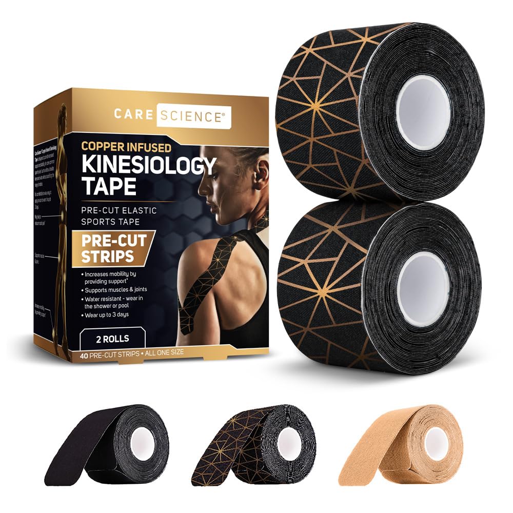 Waterproof Kinesiology Tape, 40 ct Precut Strips (2 Rolls), Copper Infused | Water Resistant Strips, Elastic Athletic Tape for Sports & Weightlifting, Muscle Strain Relief & Joint Support