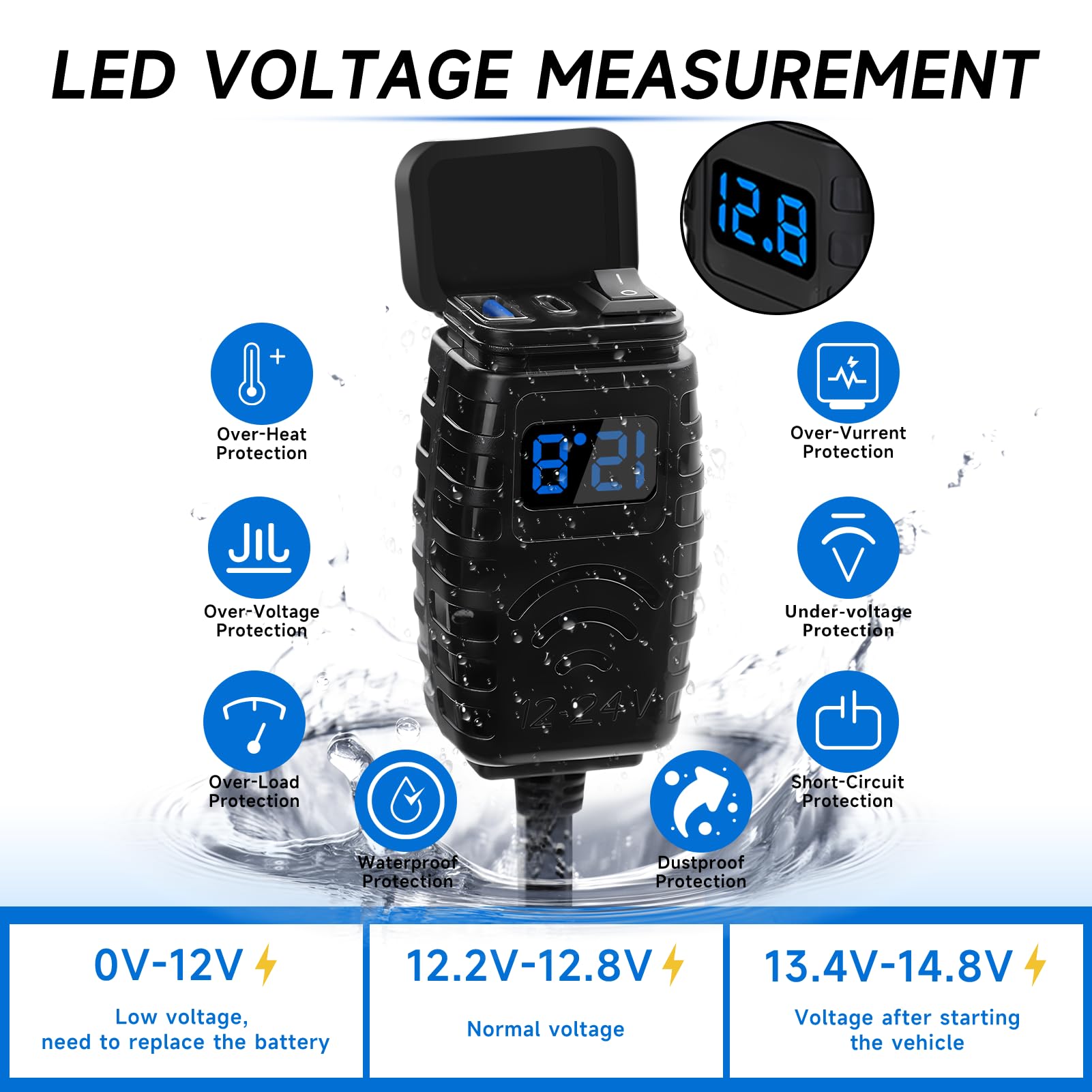 Thlevel Chargeur de Moto USB C 12V 48W QC3.0 et PD Type-C avec Interrupteur Voltmètre LED pour 12V-24V Voiture Camping-Car Véhicule Bateau