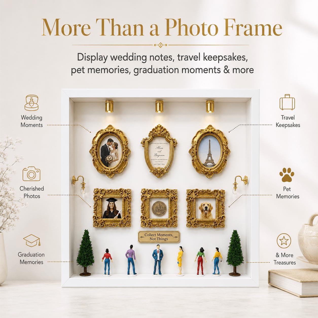 Mini Museum Shadow Box Frame with LED Lights, 10x10 Inch, White