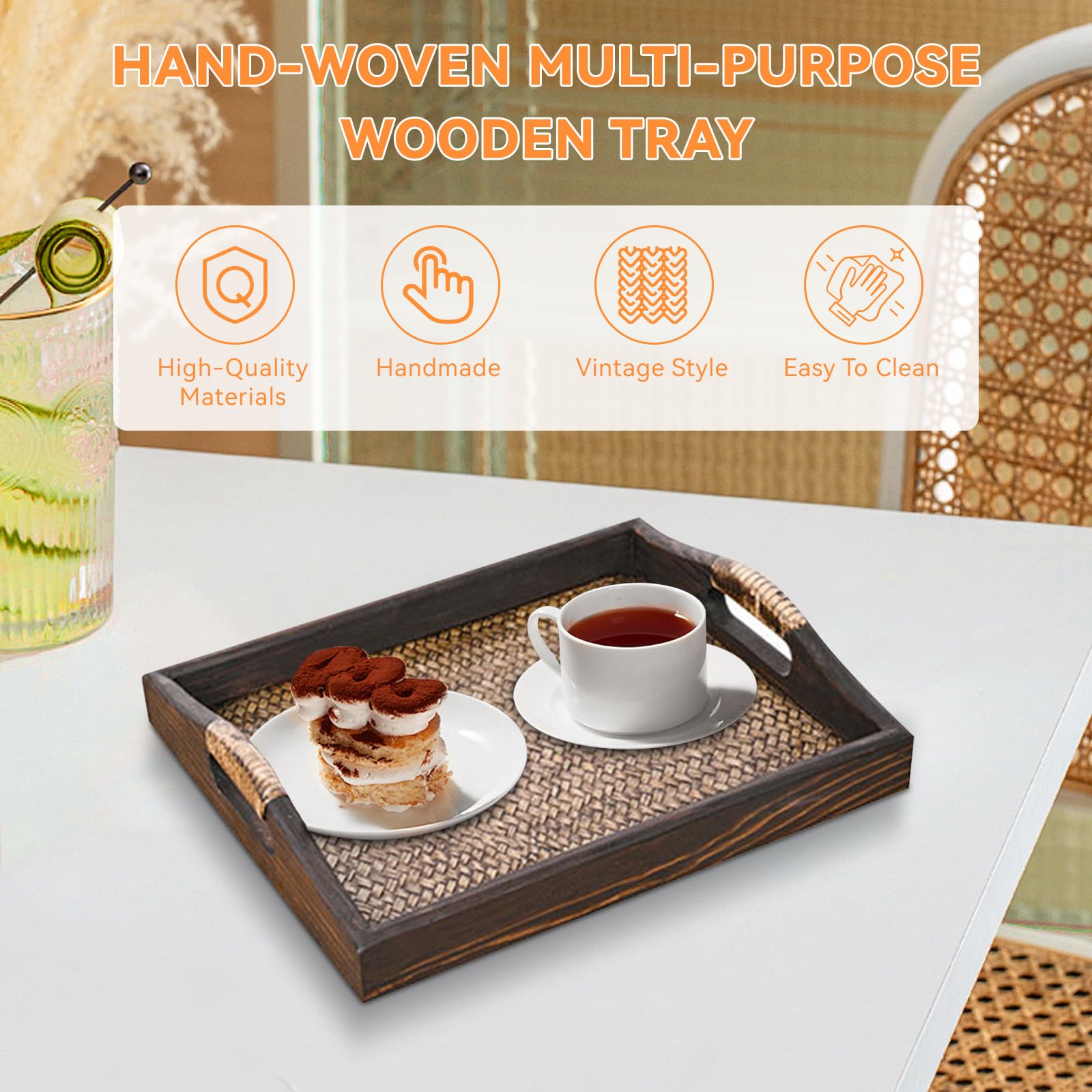 Bandeja de madera para servir de 22,8 cm, antideslizante, bandeja para servir alimentos para bebidas y aperitivos, plato de madera rústica para fiestas y reuniones
