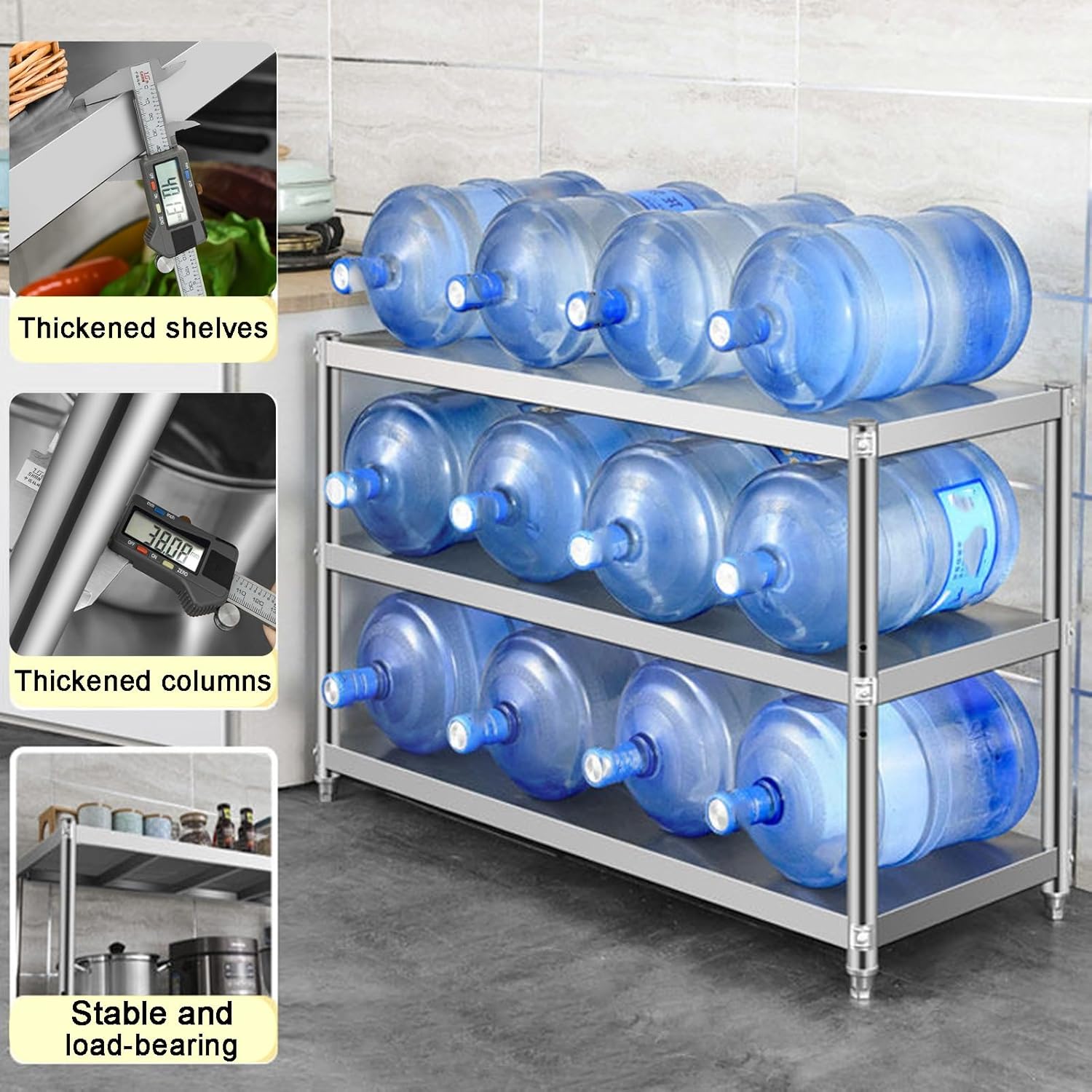 Three-Tier Stainless Steel Workbench with Folded-Edge Design and Triangular Supports Kitchen Work Table Featuring Adjustable Legs Reinforced Crossbars and Height-adjustables Shelves