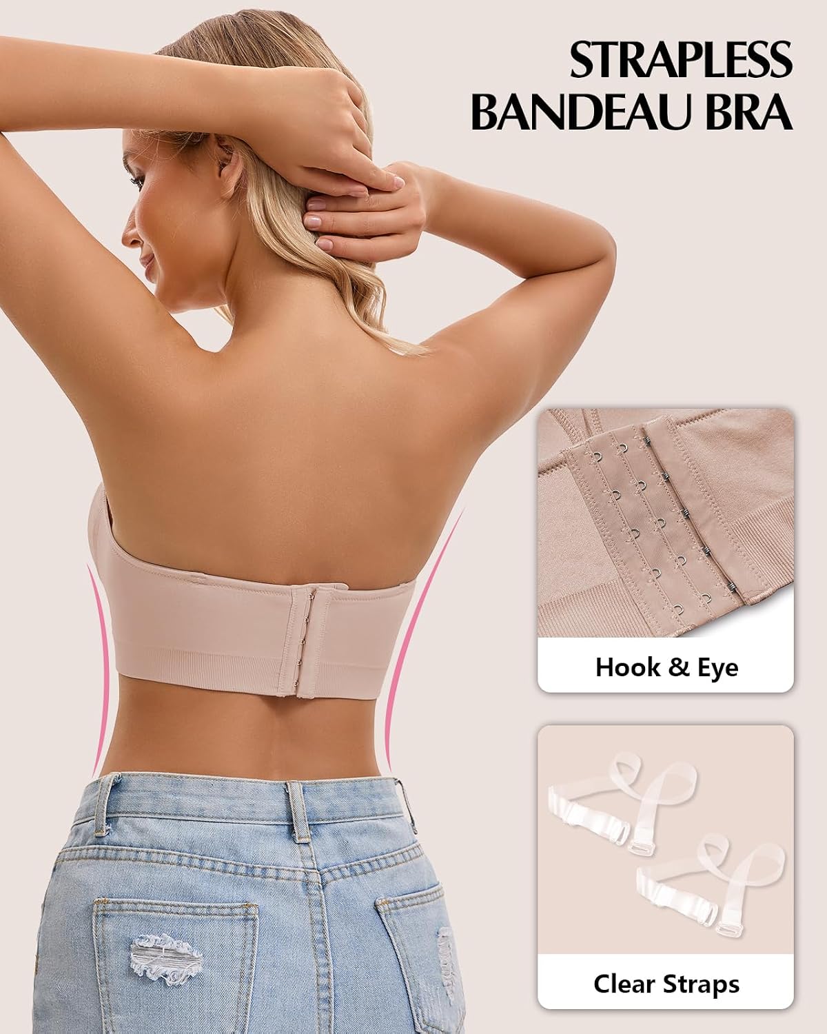 WOWENY Strapless Bras for Women Non-Slip Padded Bandeau Bra Supportive Wireless Tube Top Bra No Underwire Seamless Bralette