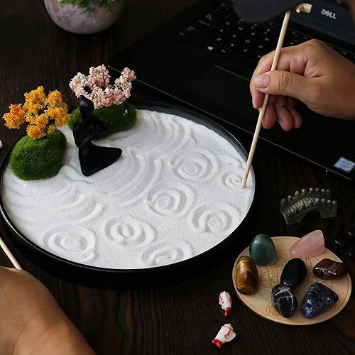 Miniatura 7 de Jardín zen para escritorio, mesa de chakras, regalos de curación zen, juego de terapia de bandeja de arena, decoración japonesa, cristal de cuarzo