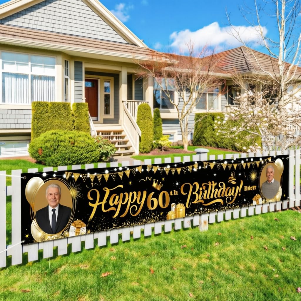 Custom Happy Birthday Banner, Personalized Birthday Banner, Happy Birthday Background Customize for Men Women Kids with Picture/Name/Age Decorations Indoor Outdoor (Style 8)