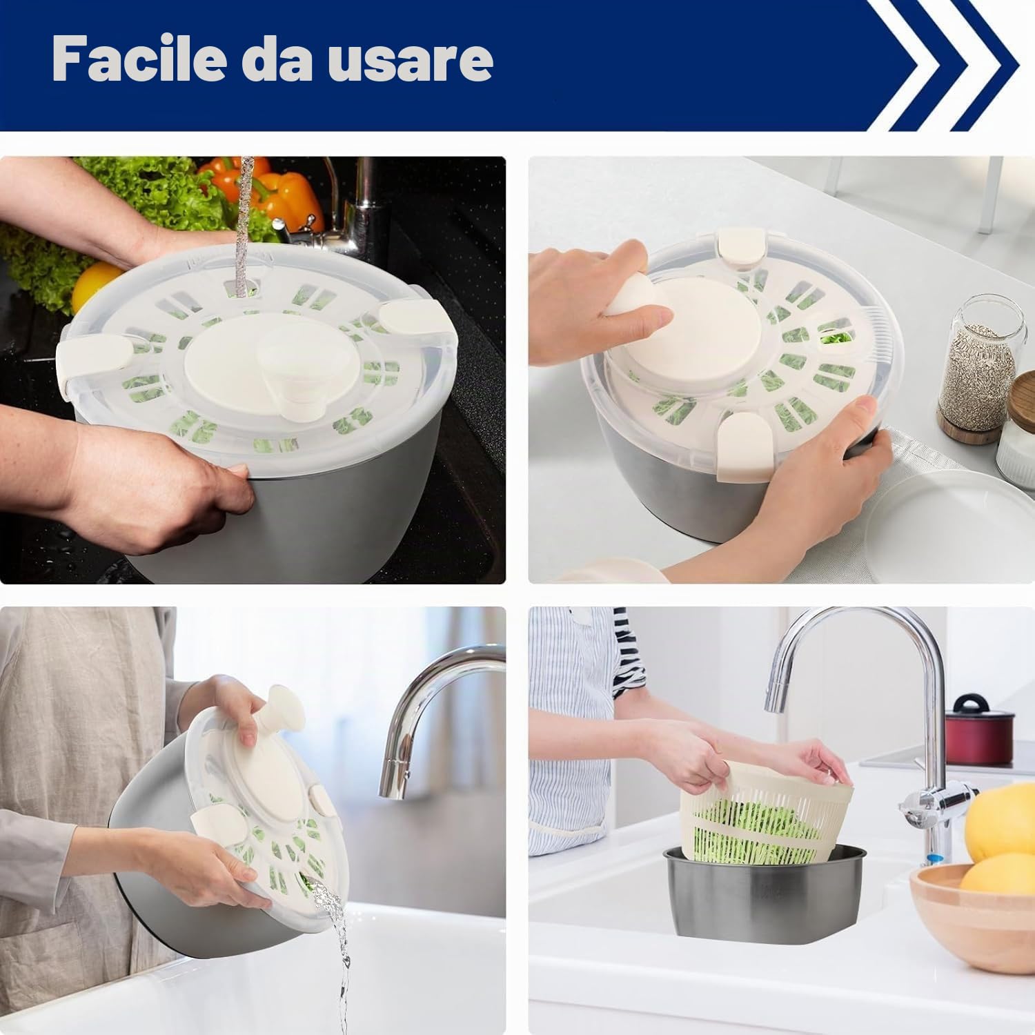Centrifuga per insalata, 5 l, grande, multiuso, per insalata, con scarico, manuale per pulire lattuga, verdure e frutta