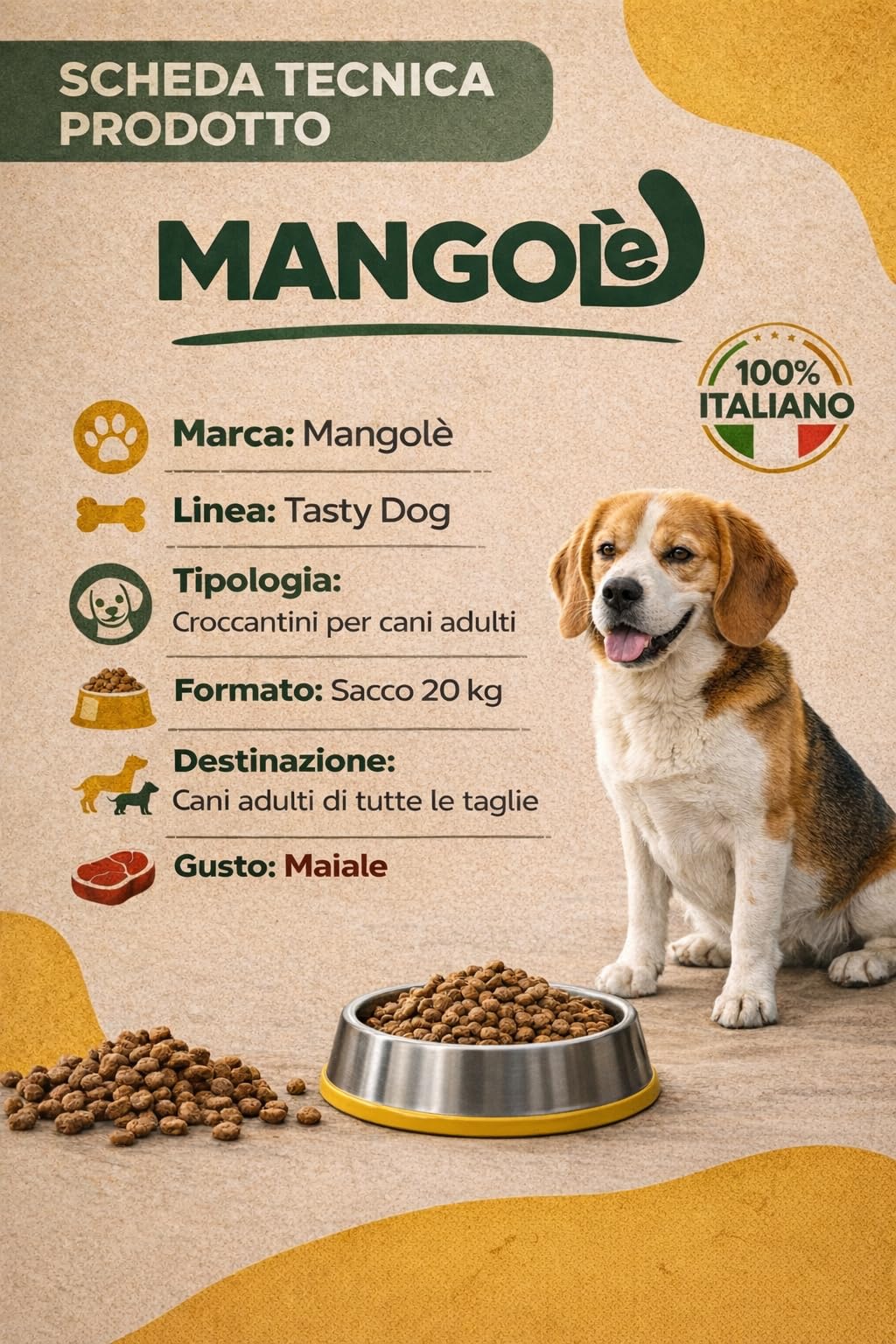 Mangolè Tasty Dog Adult Maiale 20 kg Croccantini per Cani Adulti Tutte le Taglie Alimento Completo con Proteine Animali 25% Made in Italy