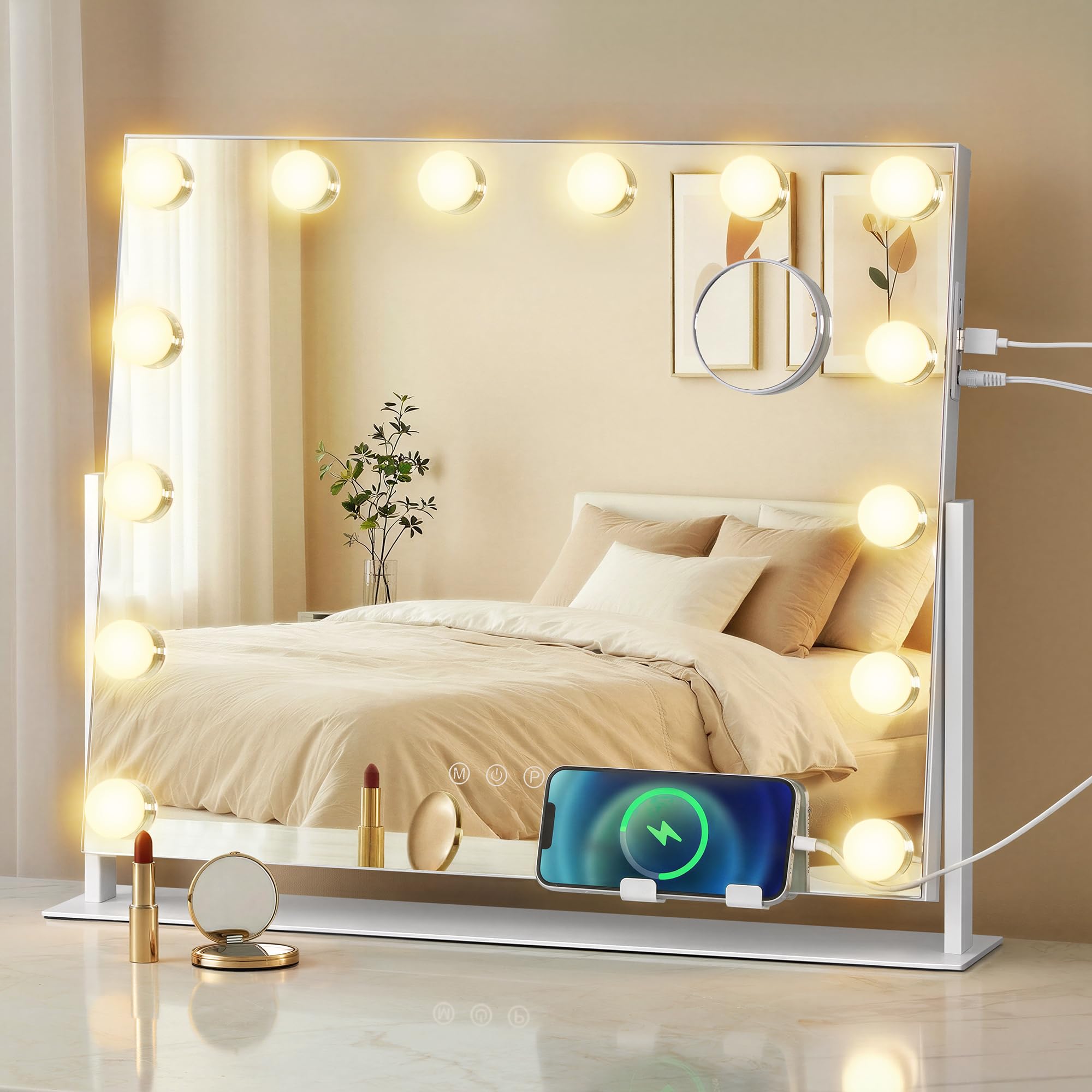 SONGMICS Schminkspiegel mit Beleuchtung, Kosmetikspiegel mit 14 LED-Glühbirnen, mit Ladeanschlüssen, Touch-Steuerung, 3 Lichtfarben, dimmbar, Handyhalter, 50 x 42 cm, mattweiß LWM007WC02