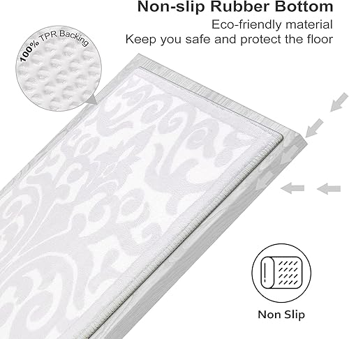 Miniatura 3 de Uphome Alfombra de pasillo gris claro, vintage, floral, extra larga, antideslizante, lavable a máquina, alfombra de baño de terciopelo suave, de