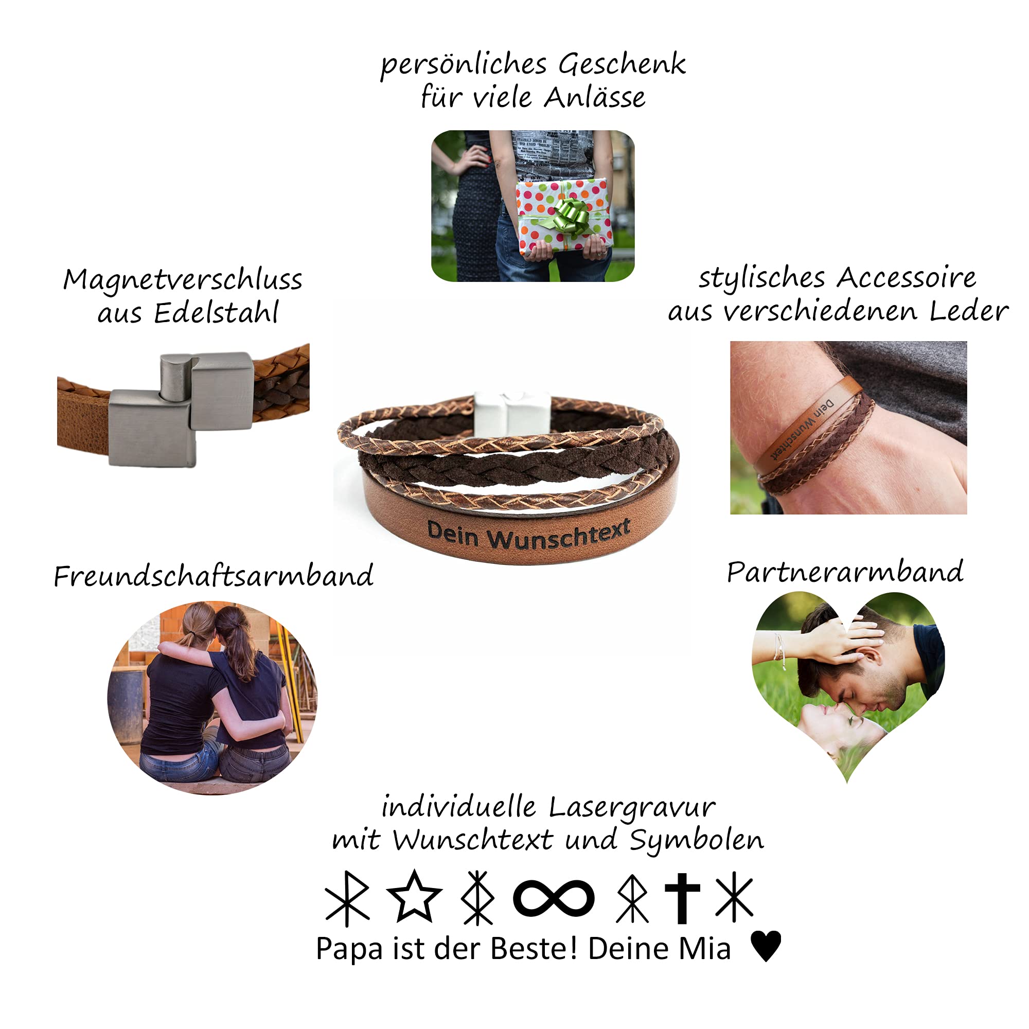 Armband mit Namen, Lederarmband Herren mit Gravur, Personalisiertes Geschenk Männer und Frauen, Echtleder Cappuccino, Magnetverschluss Edelstahl, Freundschaftsarmband, Partnerarmband