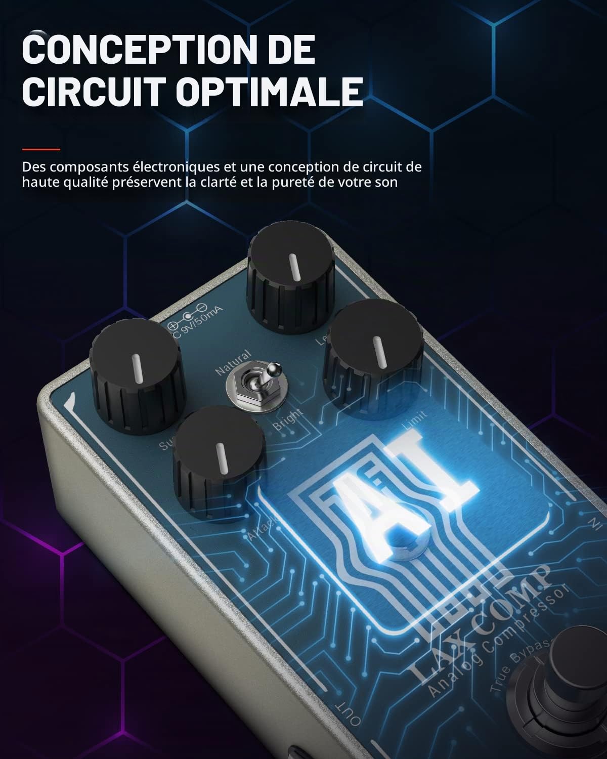 Pédale compresseur Donner pour guitare, Lax Comp pour guitare électrique et basse, compresseur style peak limiter avec boost EQ 2 bandes et véritable bypass analogique pur