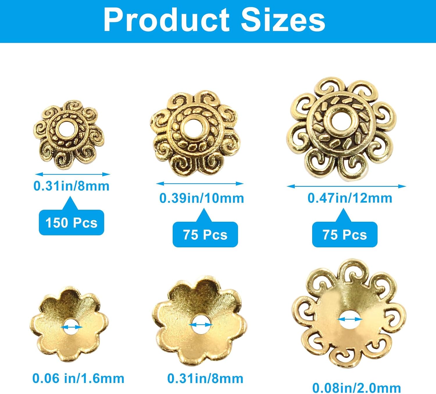 Hitefu 240pcs Delicate 8mm/10mm/12mm Spacer Beads Assortment, Bali Style Flower Bead Caps for Valentine's Day, Birthday & Wedding Jewelry DIY (Antique Gold & Tibetan Silver) - Image 3