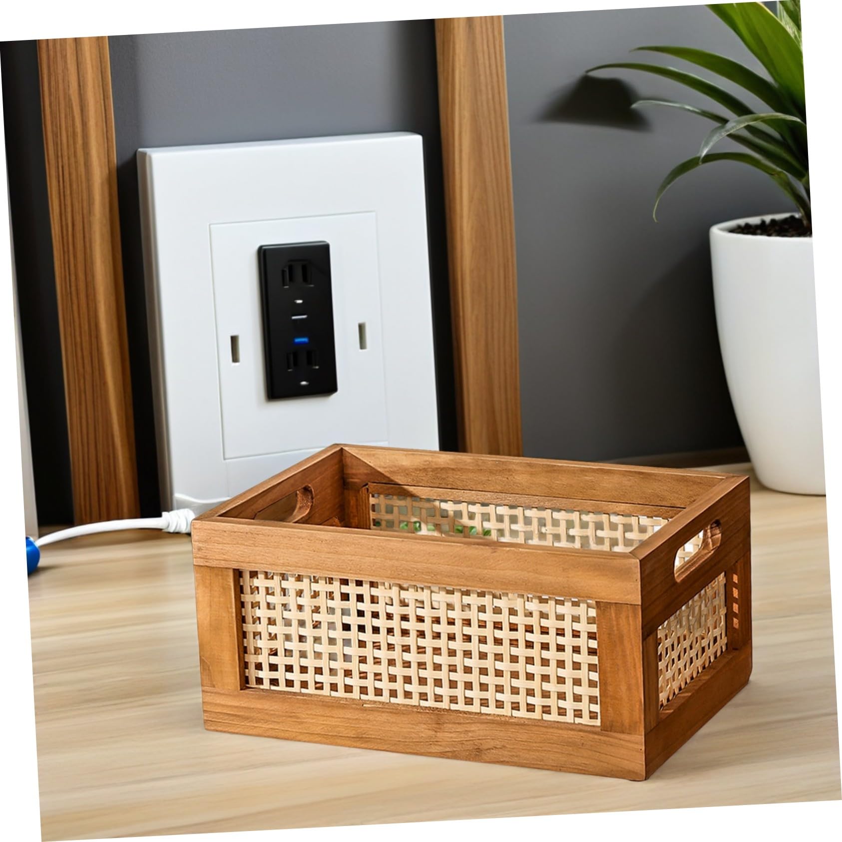 Scatola Portaoggetti in Legno Sintetico Leggero e Facile da Maneggiare Design Vintage Intrecciato, per L'organizzazione Cosmetici e Arredamento Casa, 35x25x16 Cm