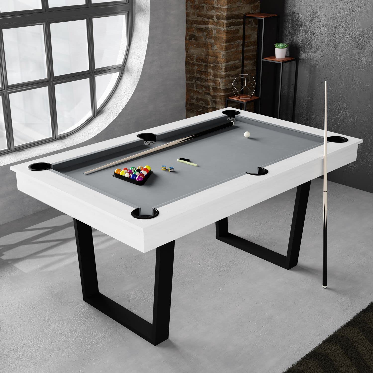 Billard Américain Blanc Convertible en Table à Manger -Style Industriel