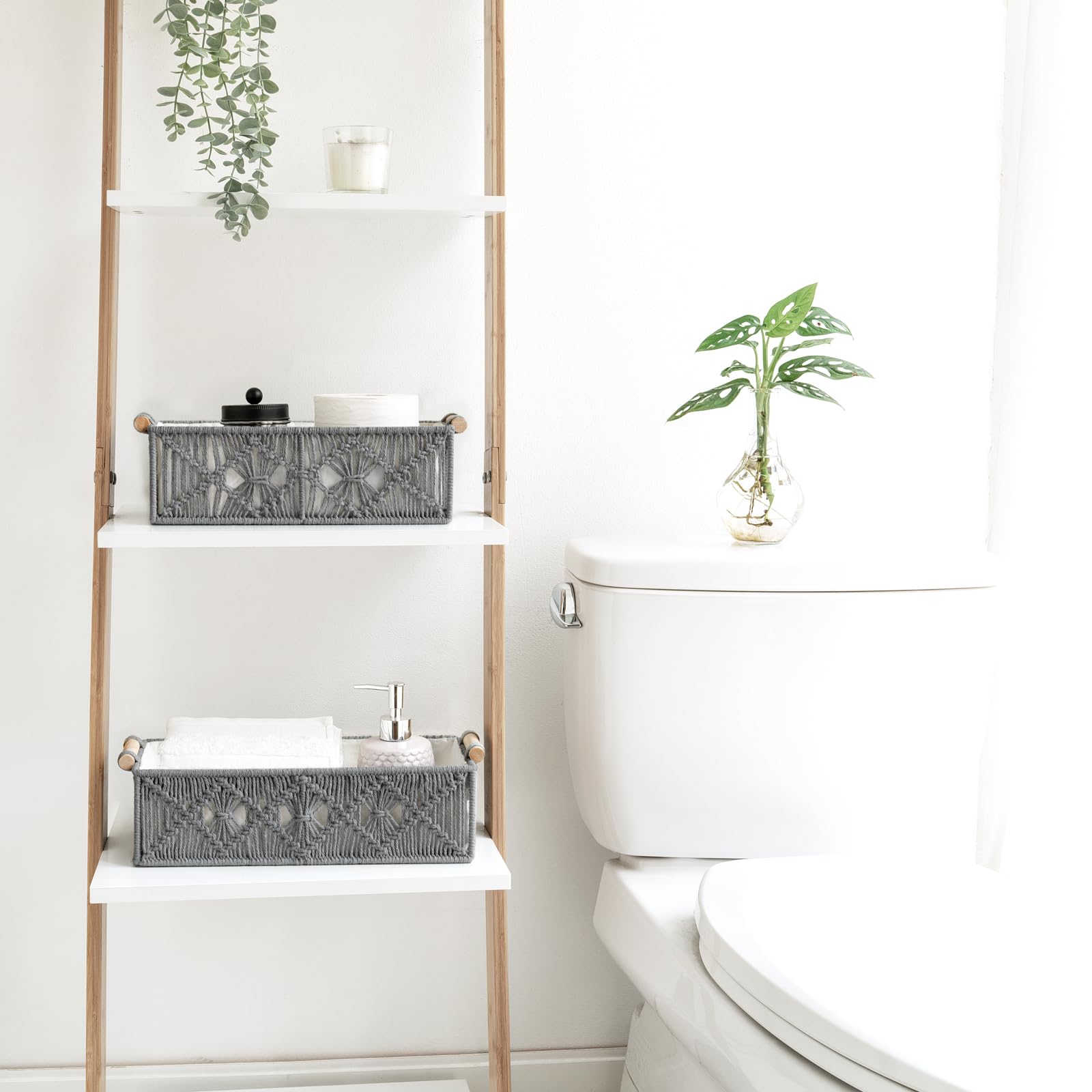 Mkono 2er Set Makramee-Aufbewahrungskörbe, Boho-Dekor für Badezimmer | kleine Organisationskörbe, Toilettenpapierhalter, handgeflochten, Regal, Schlafzimmer, Wohnzimmer, Büro, Wohnheim