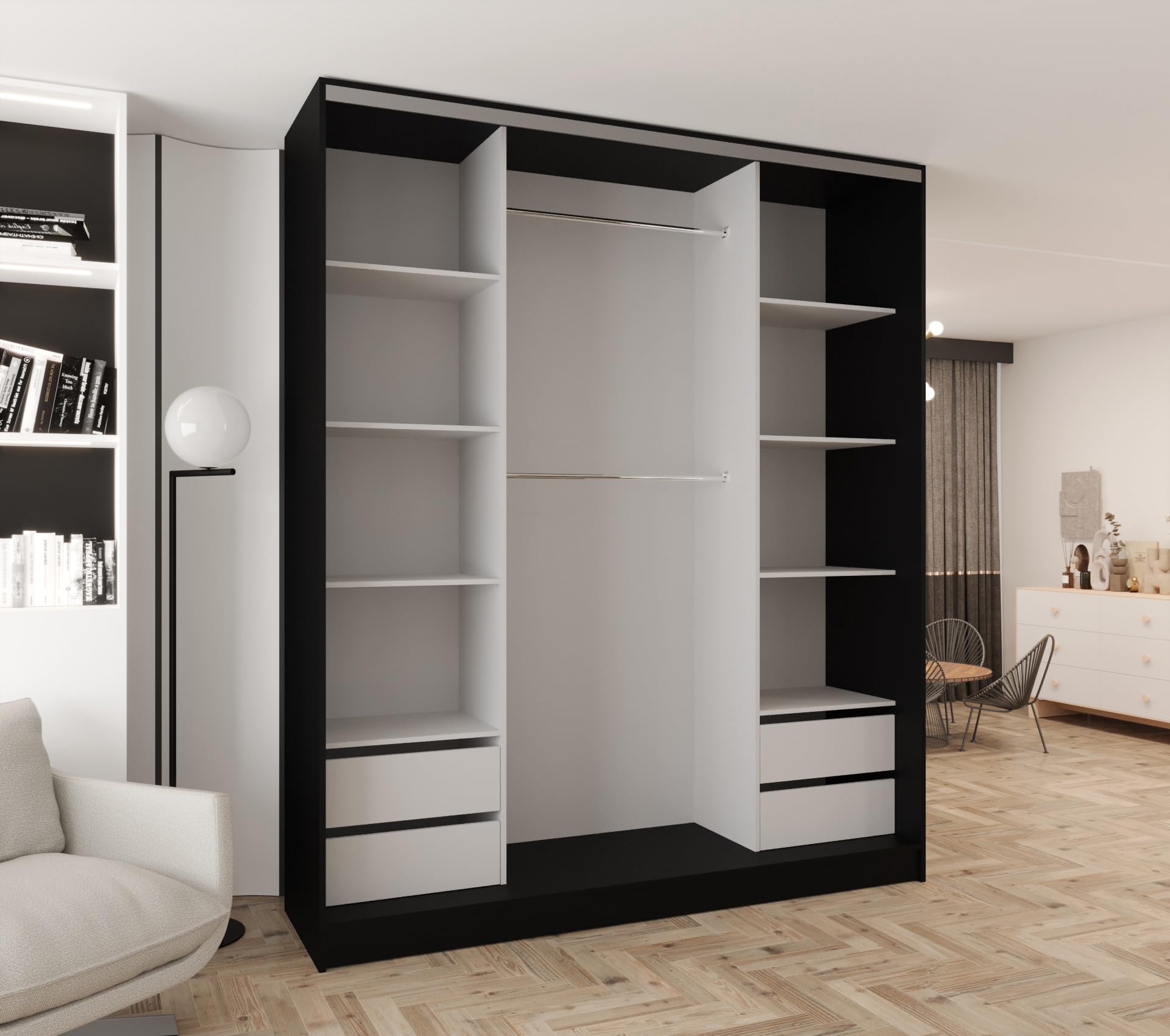 Kleiderschrank mit Spiegel und Schiebetüren Schwarz 210x250 cm | 2 Kleiderstangen, 2 Schubladen, MDF Platte, Inklusive Montageset, Mit Einlegeböden, Viel Stauraum, Praktische Aufteilung