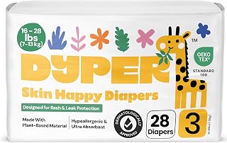 DYPER Size 3 Plant-Based Diapers 28 Ct - Eco-Friendly Overnight Leak Protection, Hypoallergenic Comfort for 16-28 lbs Babies