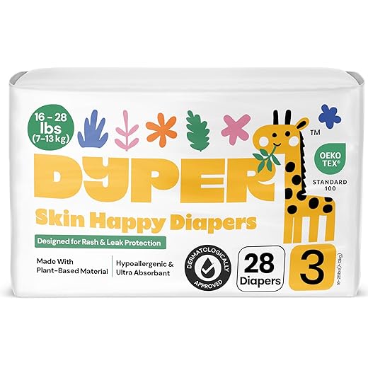 DYPER Viscose from Bamboo Baby Diapers Size 3 | Honest Ingredients | Cloth Alternative | Day & Overnight | Made with Plant-Based* Materials | Hypoallergenic for Sensitive Newborn Skin, Unscented 28Ct