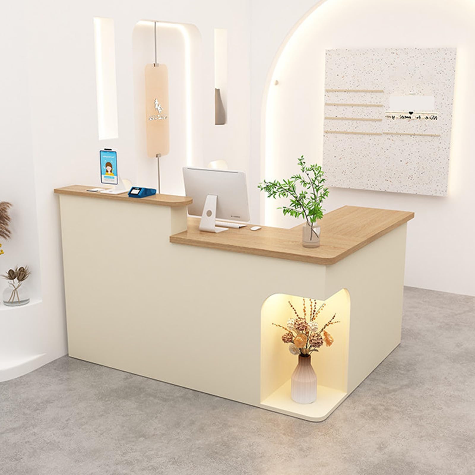 Mostrador de Recepción, Mesa de Mostrador con Cajones De Almacenamiento Y Estantes Abiertos, para Salones(Wood+Off-White righ,180cm)