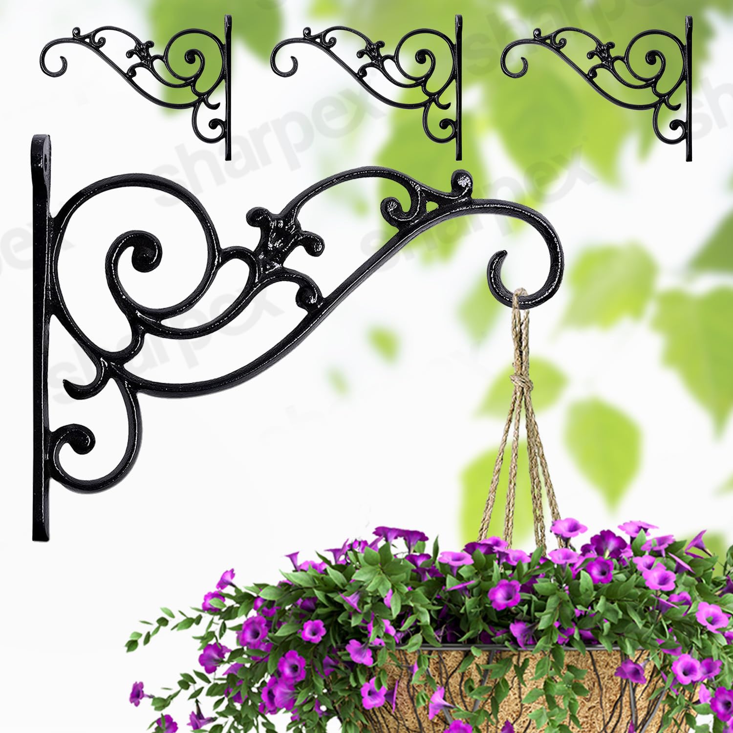 Sharpex Wall Mounted Metal Bracket | Decorative Wall Hook Plant Hanger for Hanging Pots, Bird Feeders, Flower Baskets, Planters, Lanterns, Lamps, and Wind Chimes for Indoor/Outdoor Use (Black, 4 Pc)