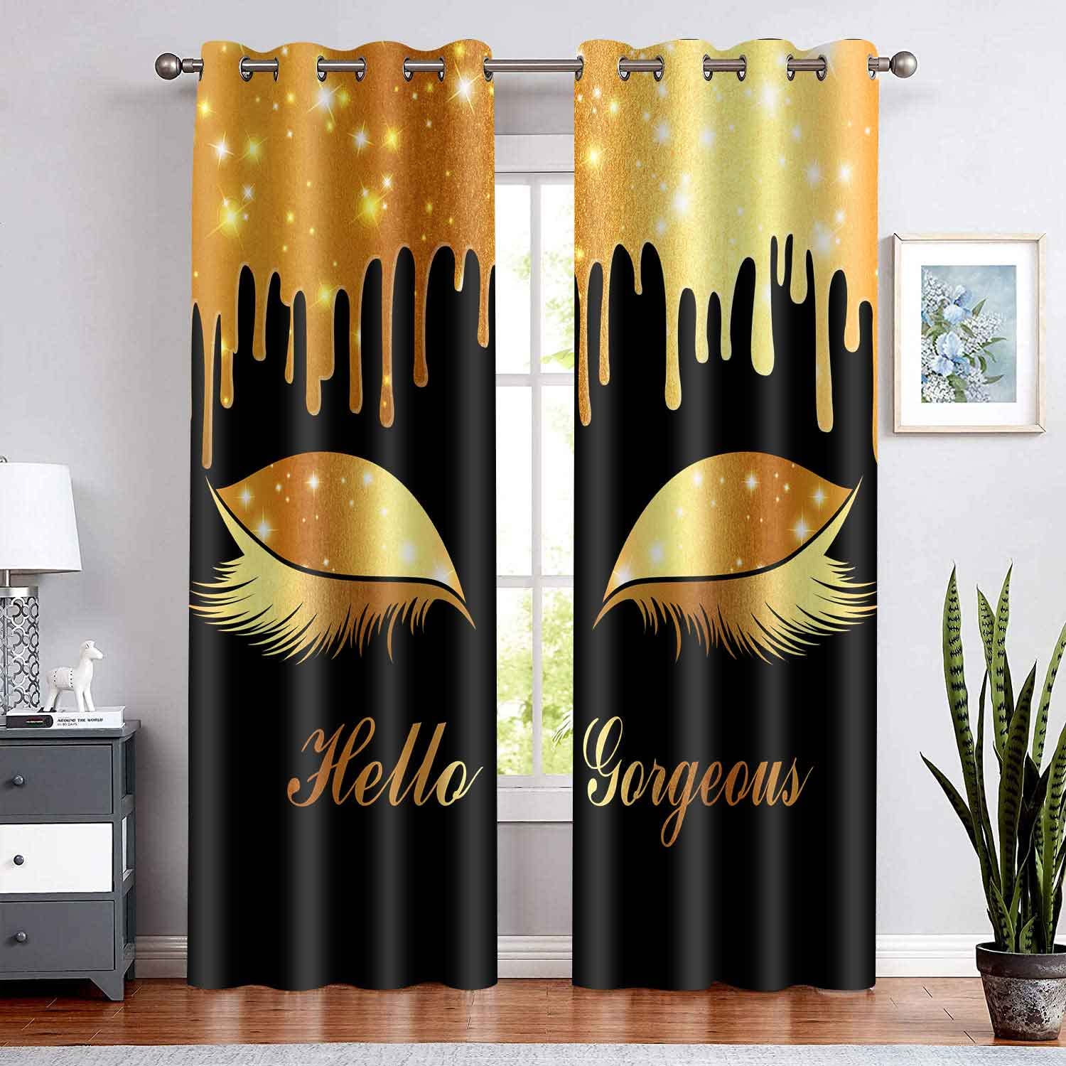 BSPPTI Hello Gorgeous Unicorn Eyelash Print Curtain, (No Glitter No Sequin) Black and Gold Room Darkening Thermal Insulated Window Treatments for