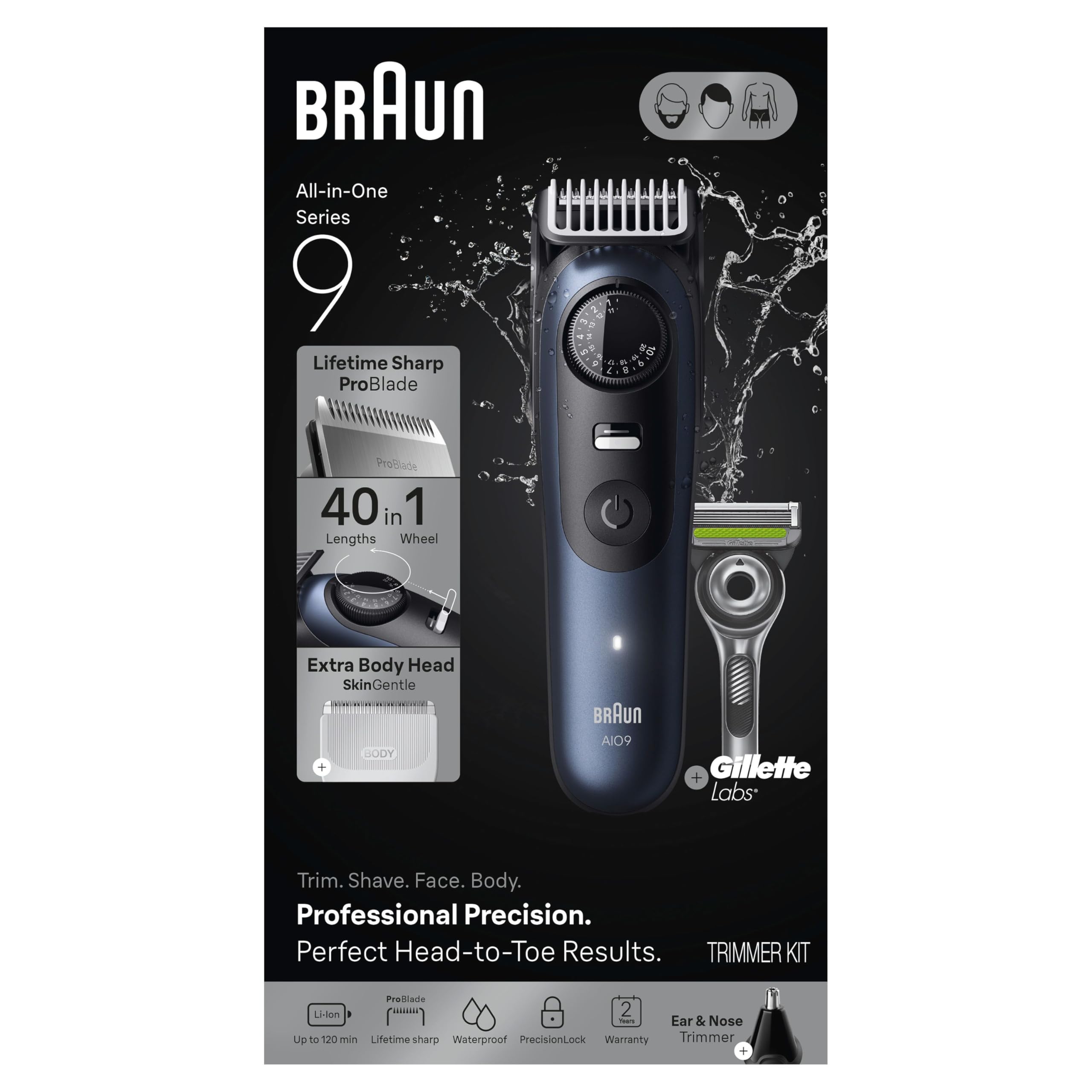 Braun Kit de rasage tout-en-un pour homme série 9 AIO 9530, barbe, visage, nez, oreille, tondeuse à cheveux, tondeuse corporelle et manscaping