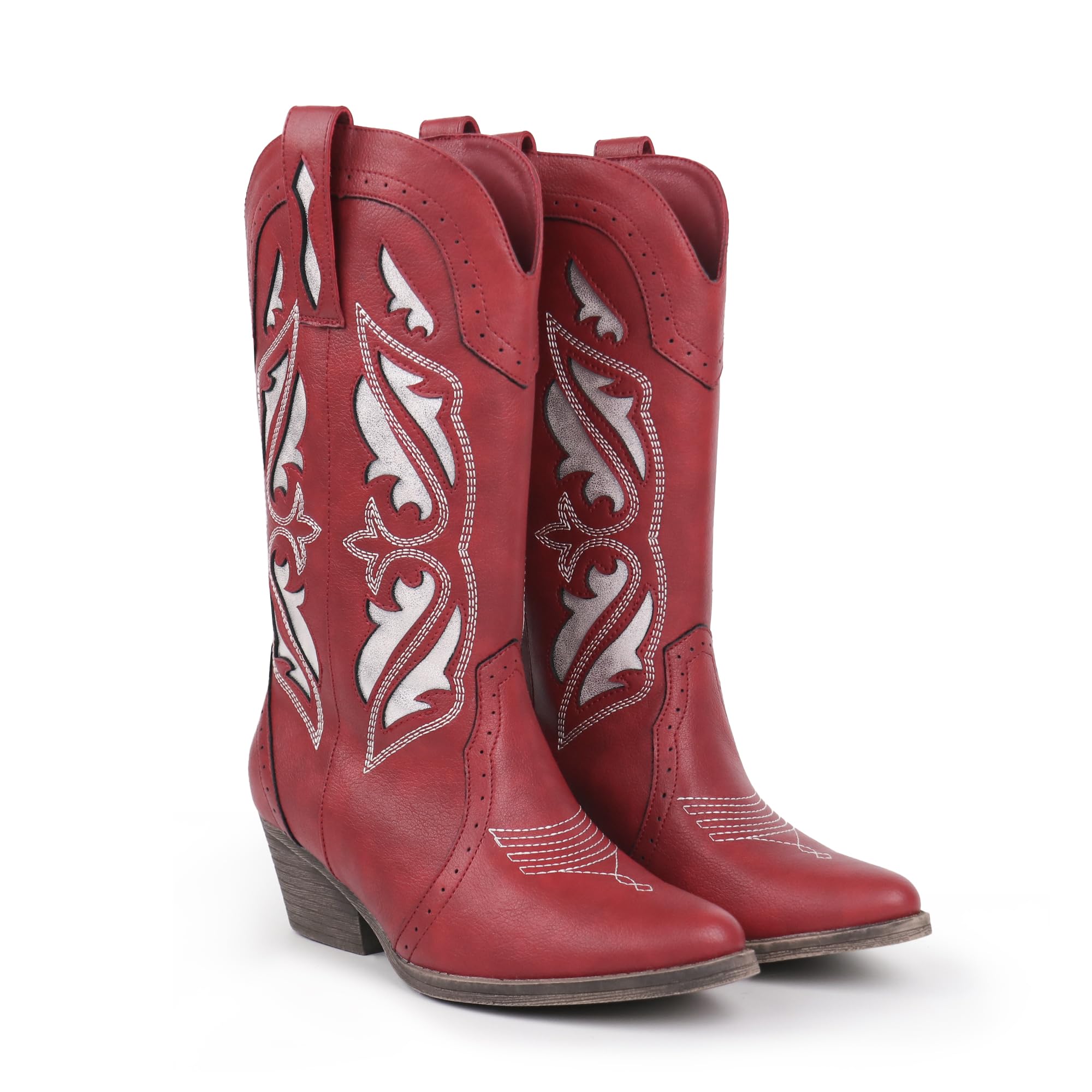 Hawkwell Damen Westernstiefel | Cowboystiefel mit Stickereien & Nähten, Schlupfdesign, Wadenlang, Spitze Zehen, Blockabsatz (Größe 36-42)