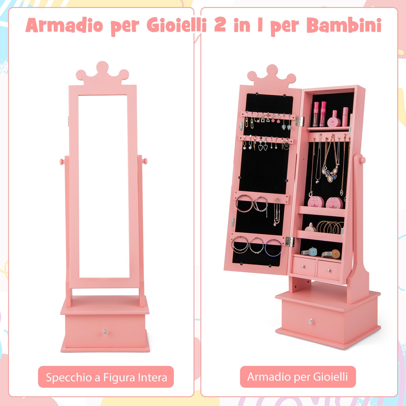 COSTWAY Armadio Gioielli per Bambini 3+ Anni con Specchio, Armadietto Portagioie da Terra con 3 Cassetti, Ideale per Camera da Letto (Rosa)
