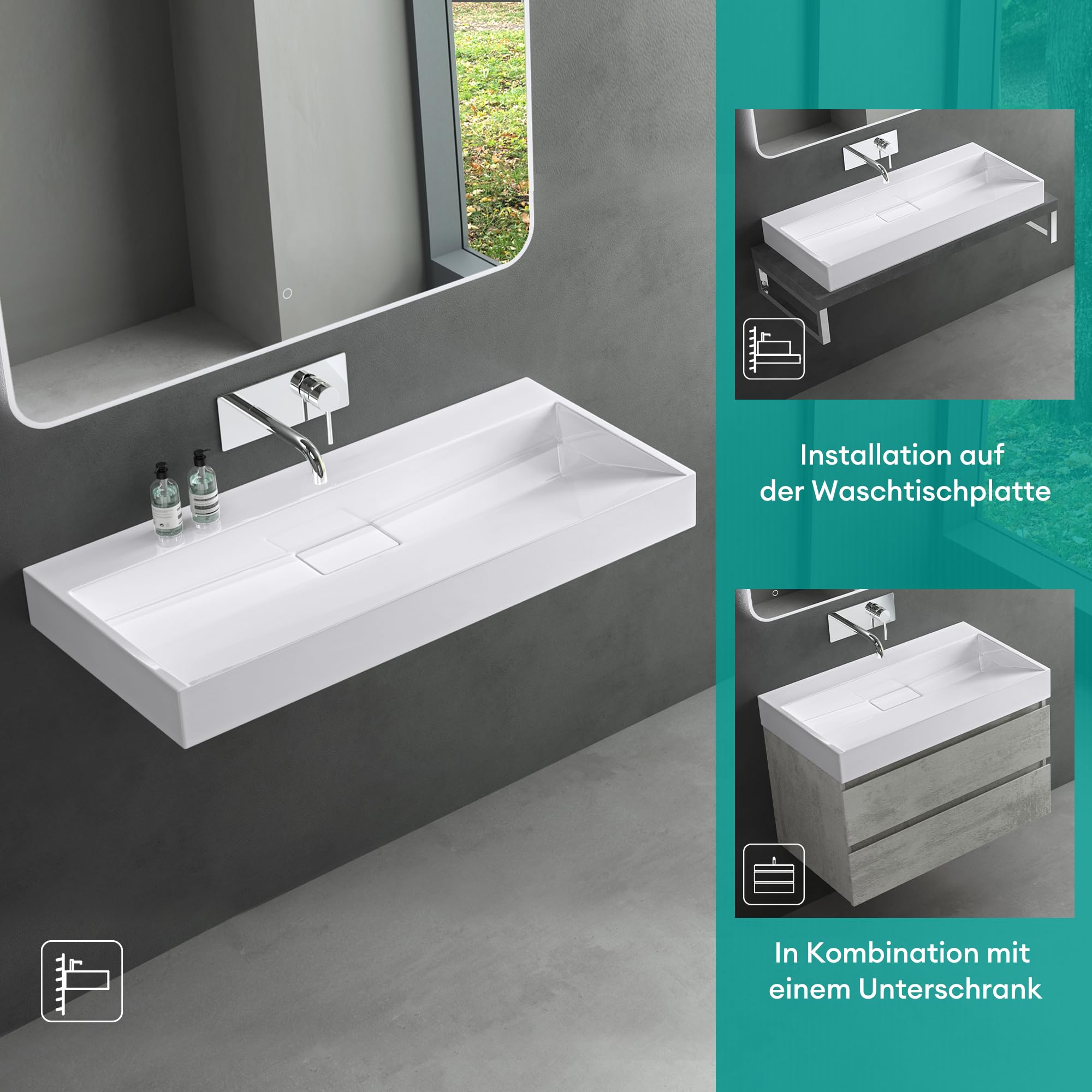 Mai & Mai Waschbecken Weiß Aufsatzwaschbecken Hängewaschtisch inkl. Ablaufgarnitur Mineralguss Rechteckig Waschplatz ohne Armaturenloch Breite: 50cm