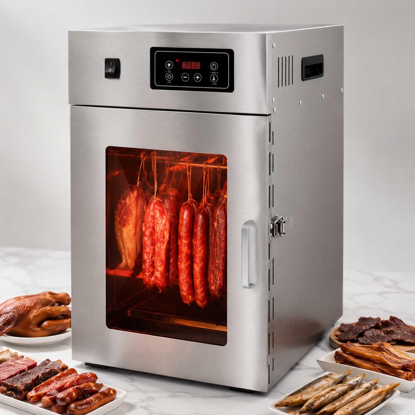 Dry AGER Reifeschrank Für Fleisch Und Wurst, Edelstahl Trockenschrank Für Fleisch Mit Led-Steuerung, 14/30 Haken, 30-90°C, 24h Timer, Biltong Box Für Wurst, Speck Und Fleisch 7.5KG