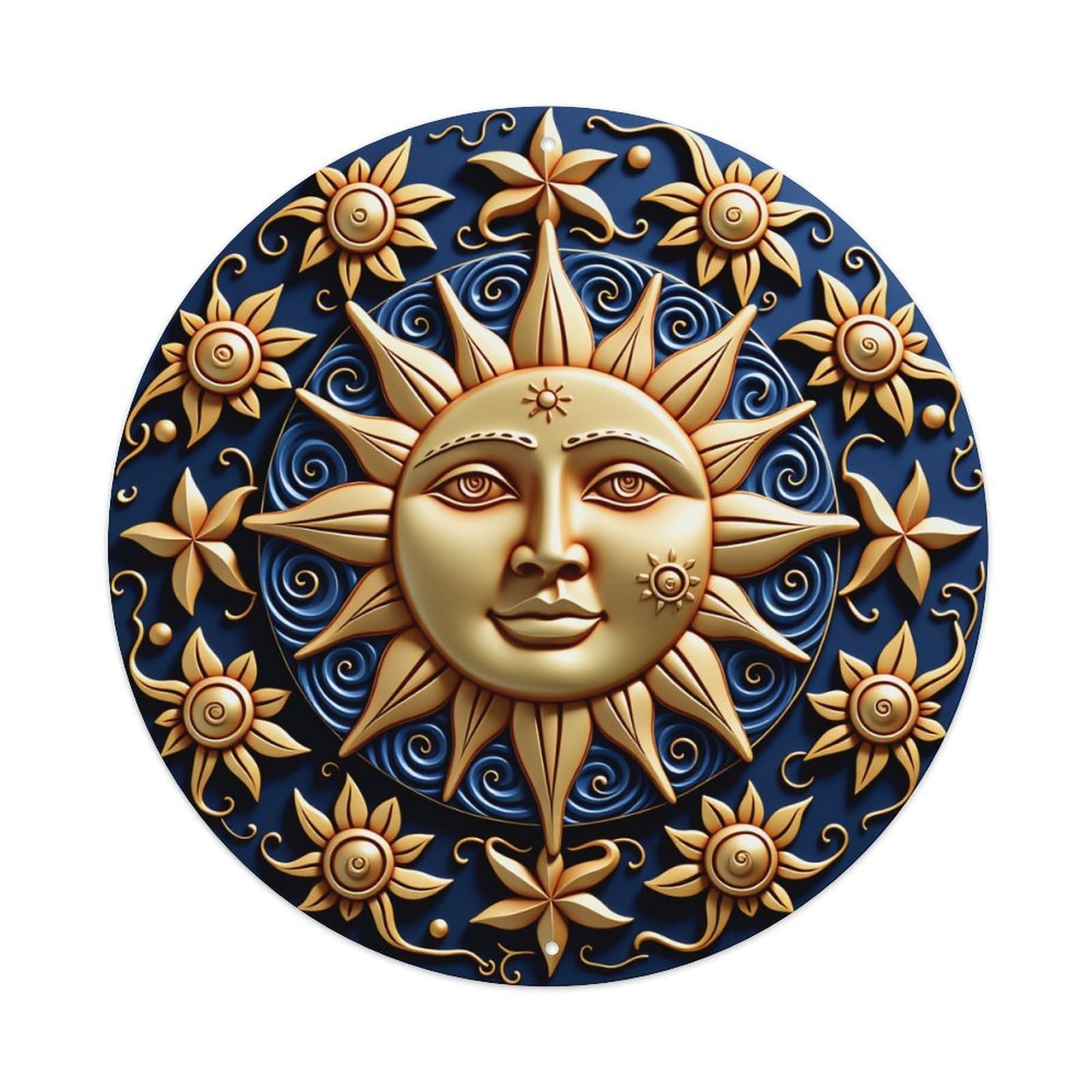 Sun Face With Golden Rays And Flowers Round Tin Sign Retro Metal Sign for Cafe Bar Pub Home Game Room Gym Club Wall Decoration Vintage Metal Poster 8x8 Inch