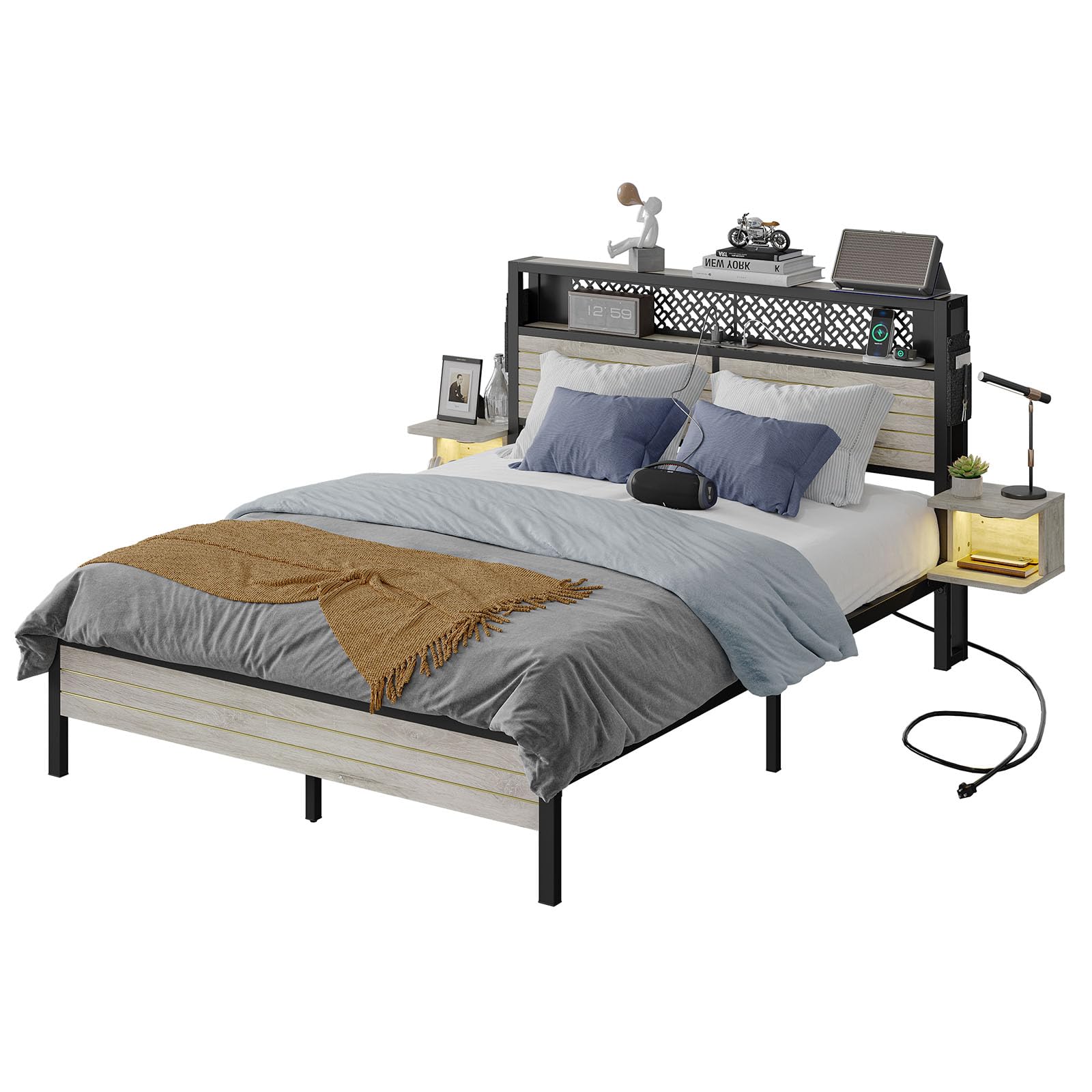 Bestier Queen Bed Frame with Horizontal Golden Stripe Storage Headboard&LED Nightstands, Metal Platform Bed with Charging Station, Heavy Duty Metal Slats, No Box Spring Needed, Noise Free(Gr