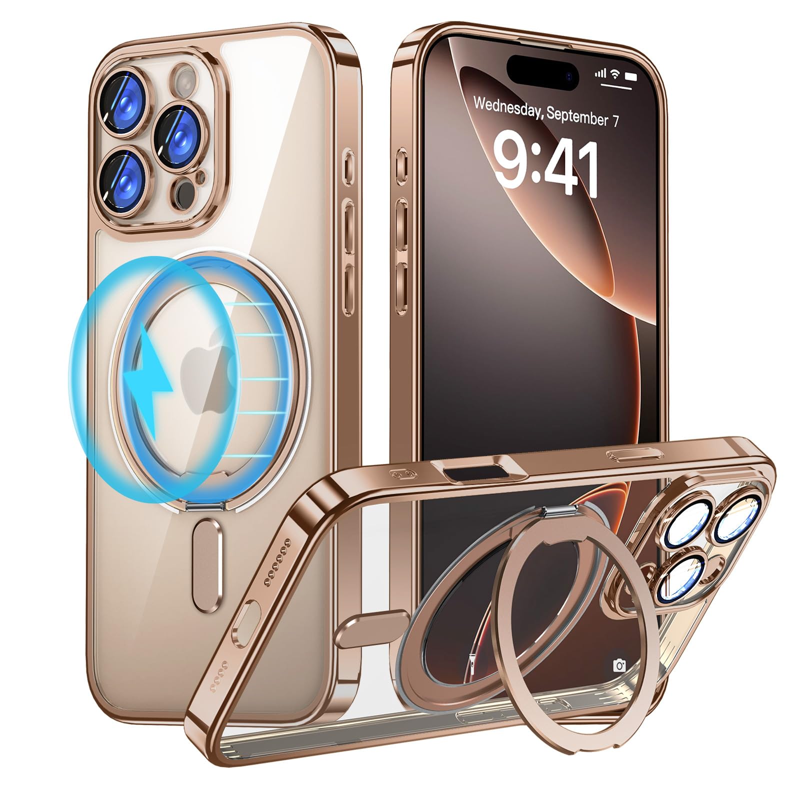 iPhone 16 Pro 用 MagSafe対応 ケース 360°回転しスタンド+リング付き アイフォン16 プロ 携帯ケース 一体型カメラレンズ保護 電気メッキバンパー OURJOY スマホケース クリア 軽量 耐衝撃 ワイアレス充電対応 ストラップホール付き・デザートチタニウム