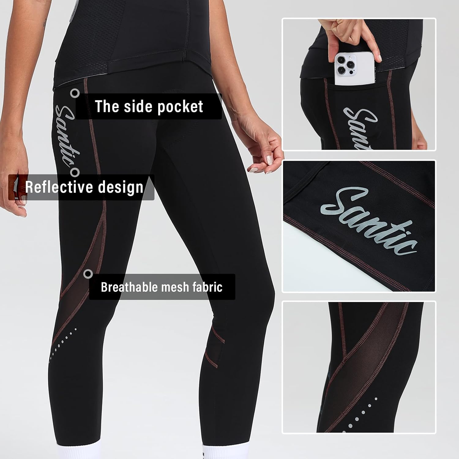 Santic Women's Bike Pants 4D Padded Compression Tights High Waisted Bicycle Clothes with Side Pockets Biking Apparel - Image 3