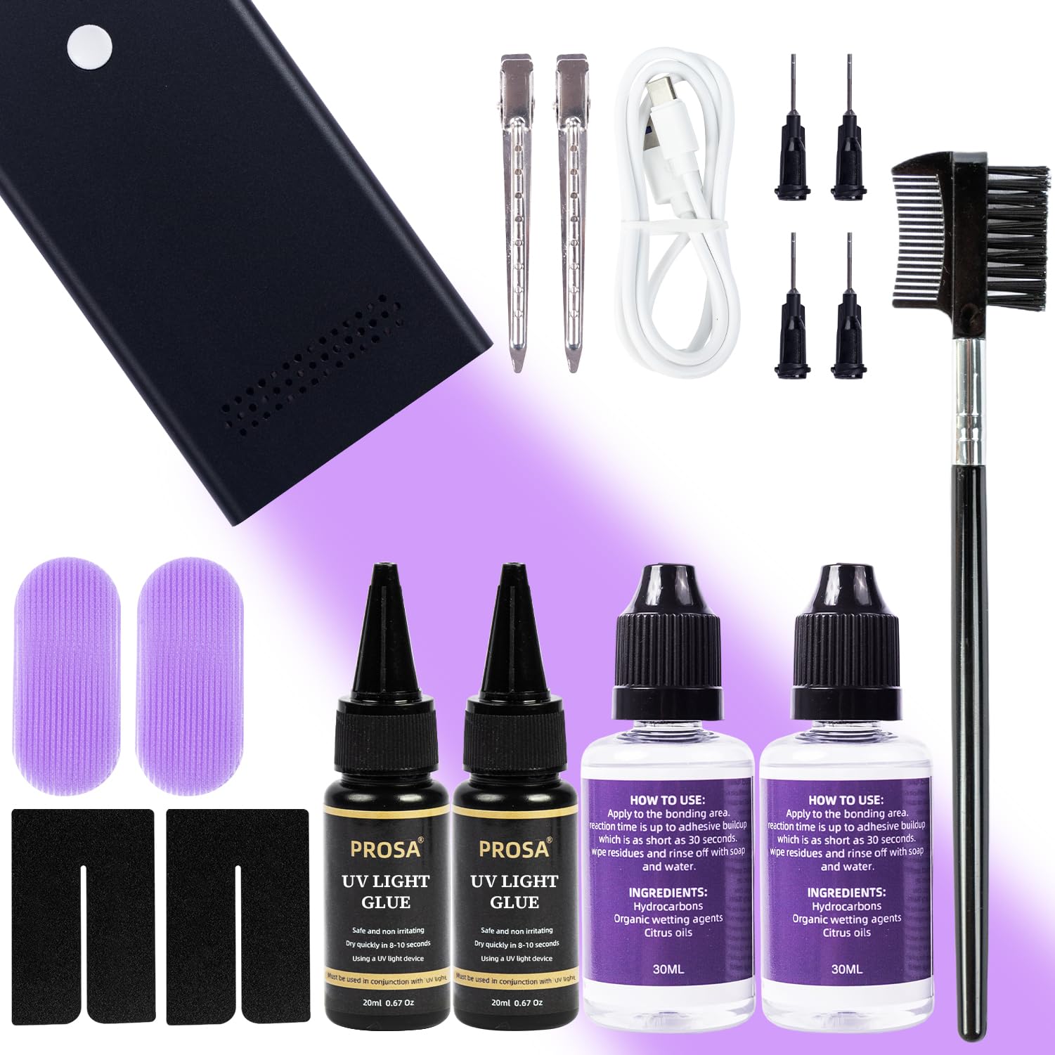 Photo 1 of UV Light Hair Extension Kit, UV Light Hair Extension Machine (Black), UV Lingh Glue*2, UV Light Hair Extensions Shield * 2, Glue Remover*2, uv Light Hair Clip * 2 (Black Machine)