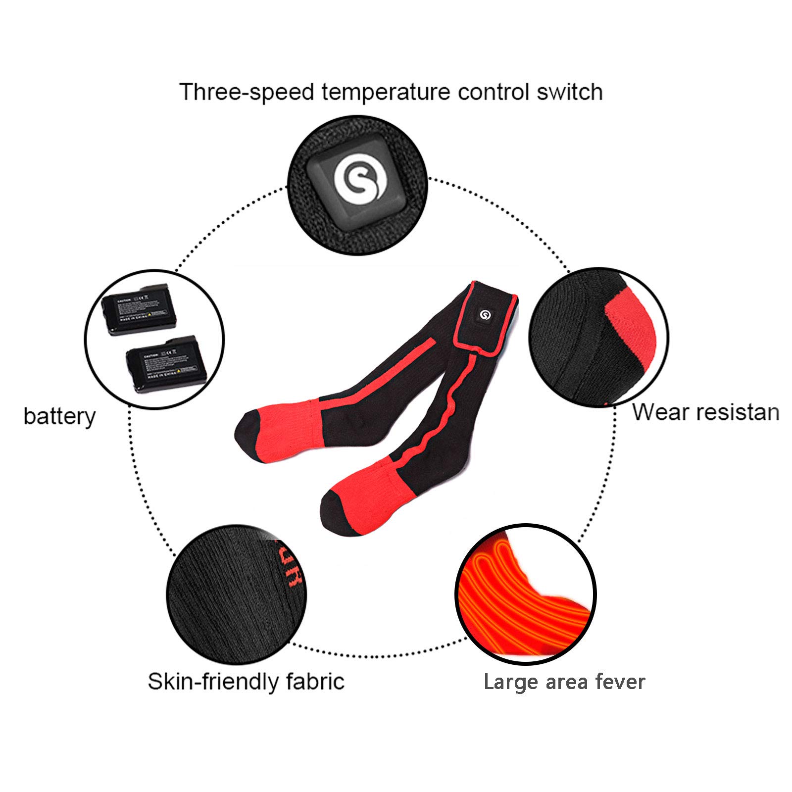 NANANA Calze Riscaldate per Sci Invernali, 7.4v 2200mah Calzini Riscaldati con 3 Temperature Invernali Calze Riscaldate a Batteria per Ciclismo, Pesca, Trekking, Campeggio,XL