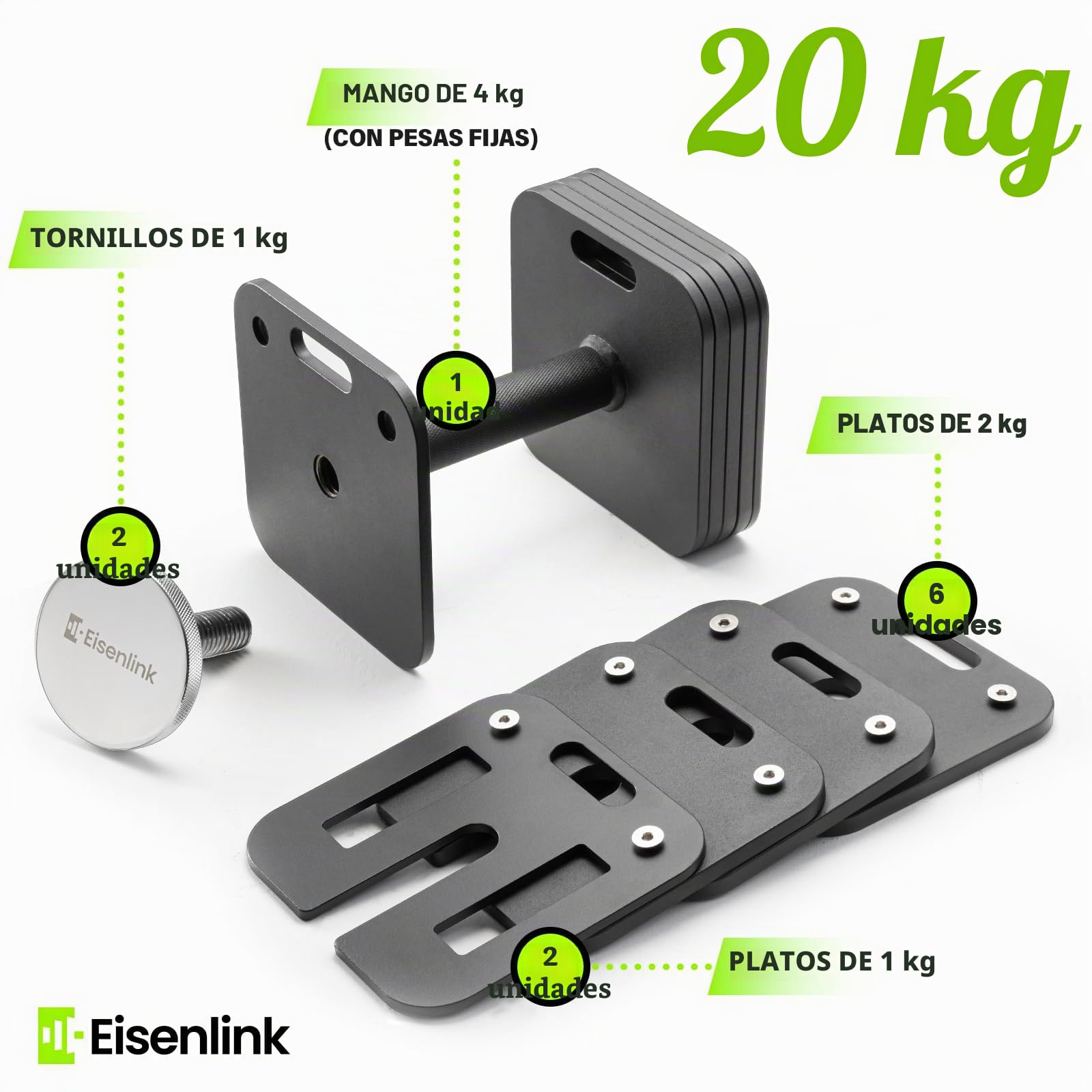 Eisenlink Mancuerna Ajustable 4-20/36kg Set de Pesas - Mancuerna Ajustable con Mango Antideslizante Incrementos de 2kg para Gimnasio en Casa Fitness