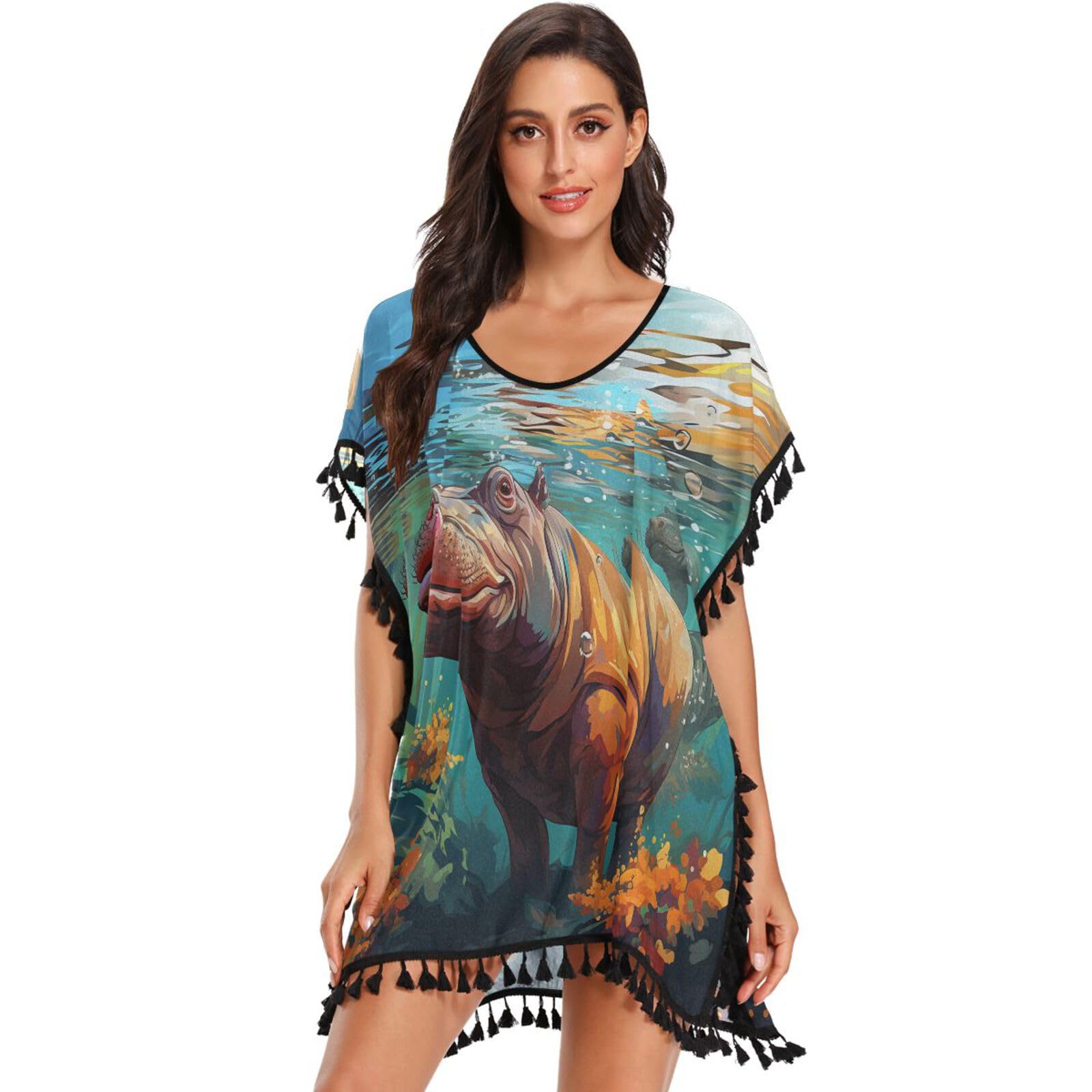 KAAVIYO Colorful Blue Sea Hippopotamuses Women's Beach Cover Up Chiffon Tassel Swimwear Swimsuit Coverups for Girl